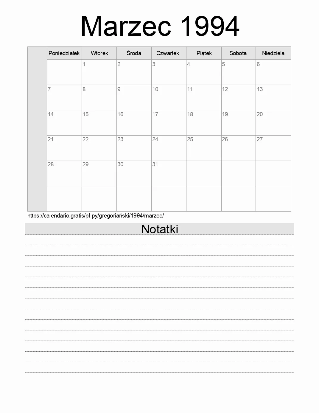 Kalendarz na Marzec 1994 do druku z notatkami. (Paragwaj) Kalendarz na Marzec 1994 do druku z notatkami. (Paragwaj)