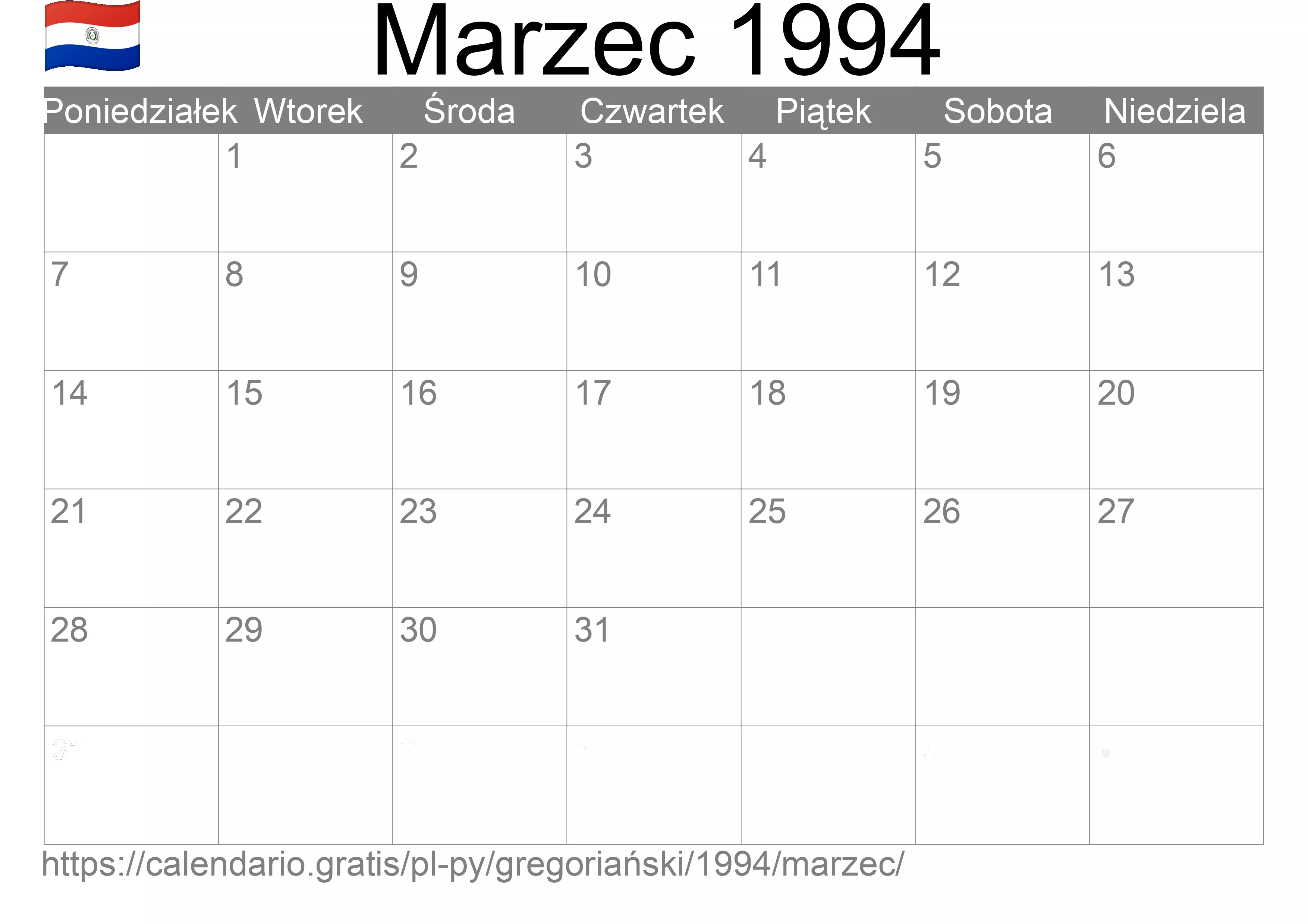 Kalendarz na Marzec 1994 do druku (Paragwaj) Kalendarz na Marzec 1994 do druku (Paragwaj)