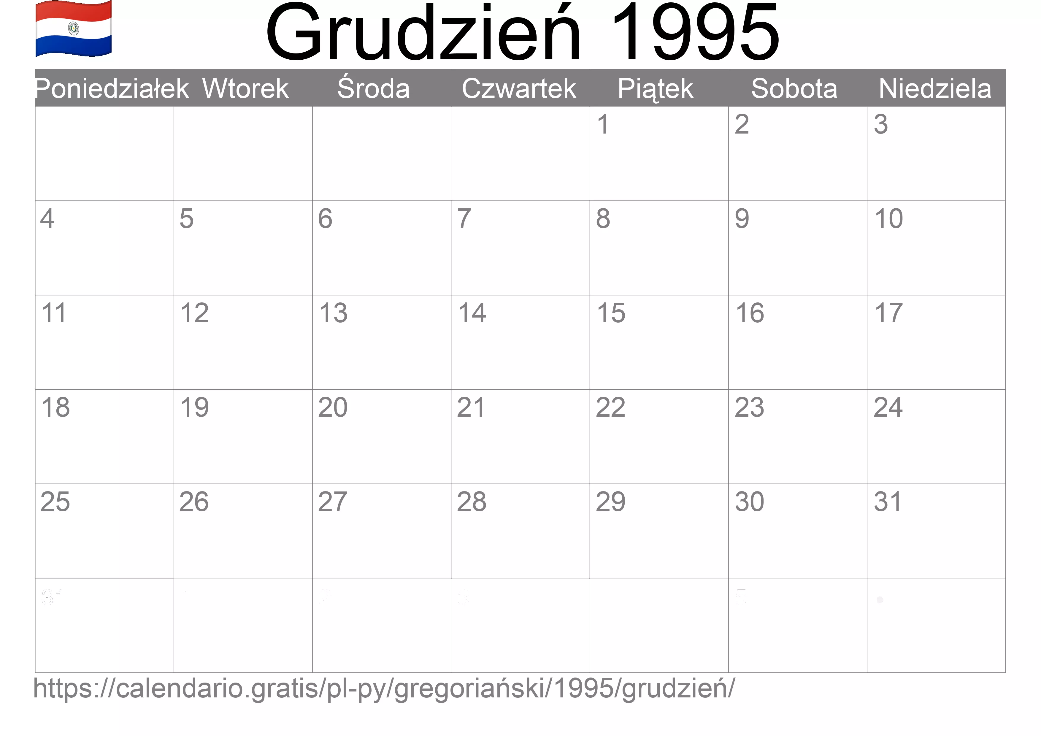 Kalendarz na Grudzień 1995 do druku (Paragwaj) Kalendarz na Grudzień 1995 do druku (Paragwaj)