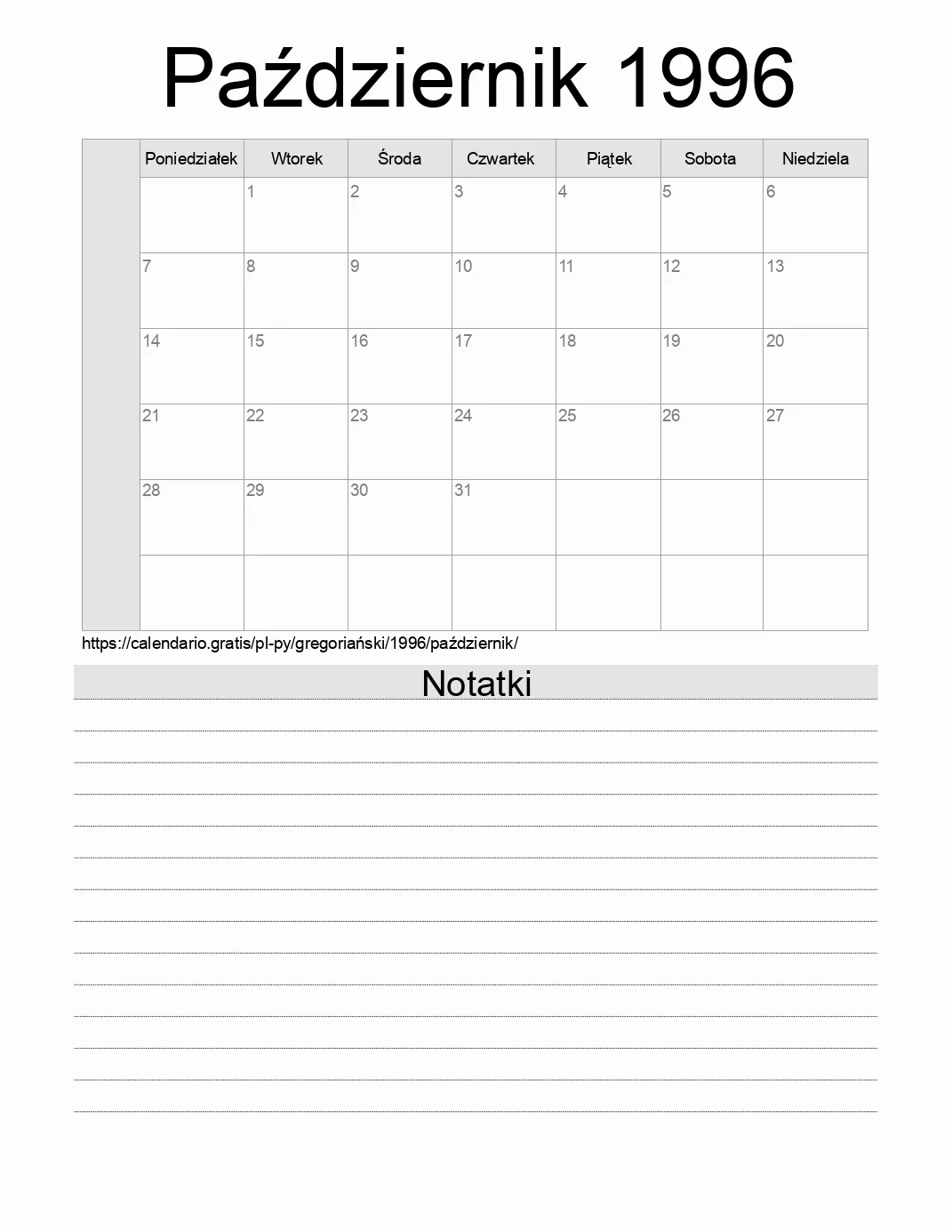 Kalendarz na Październik 1996 do druku z notatkami. (Paragwaj) Kalendarz na Październik 1996 do druku z notatkami. (Paragwaj)