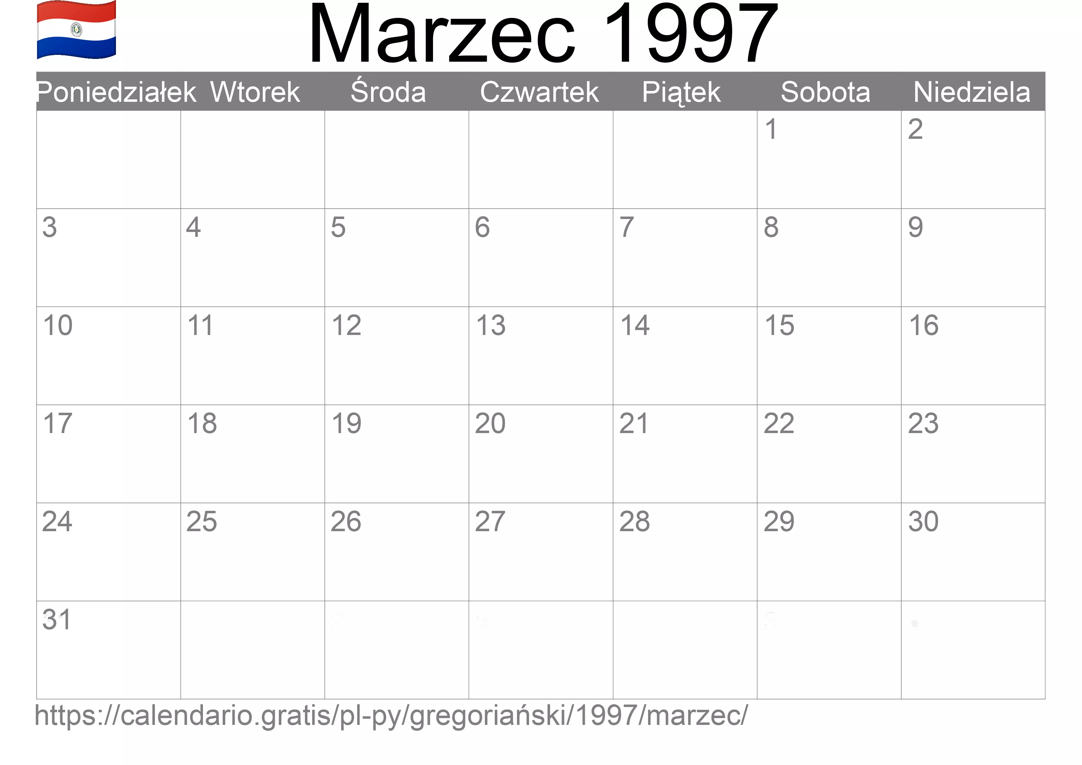 Kalendarz na Marzec 1997 do druku (Paragwaj) Kalendarz na Marzec 1997 do druku (Paragwaj)