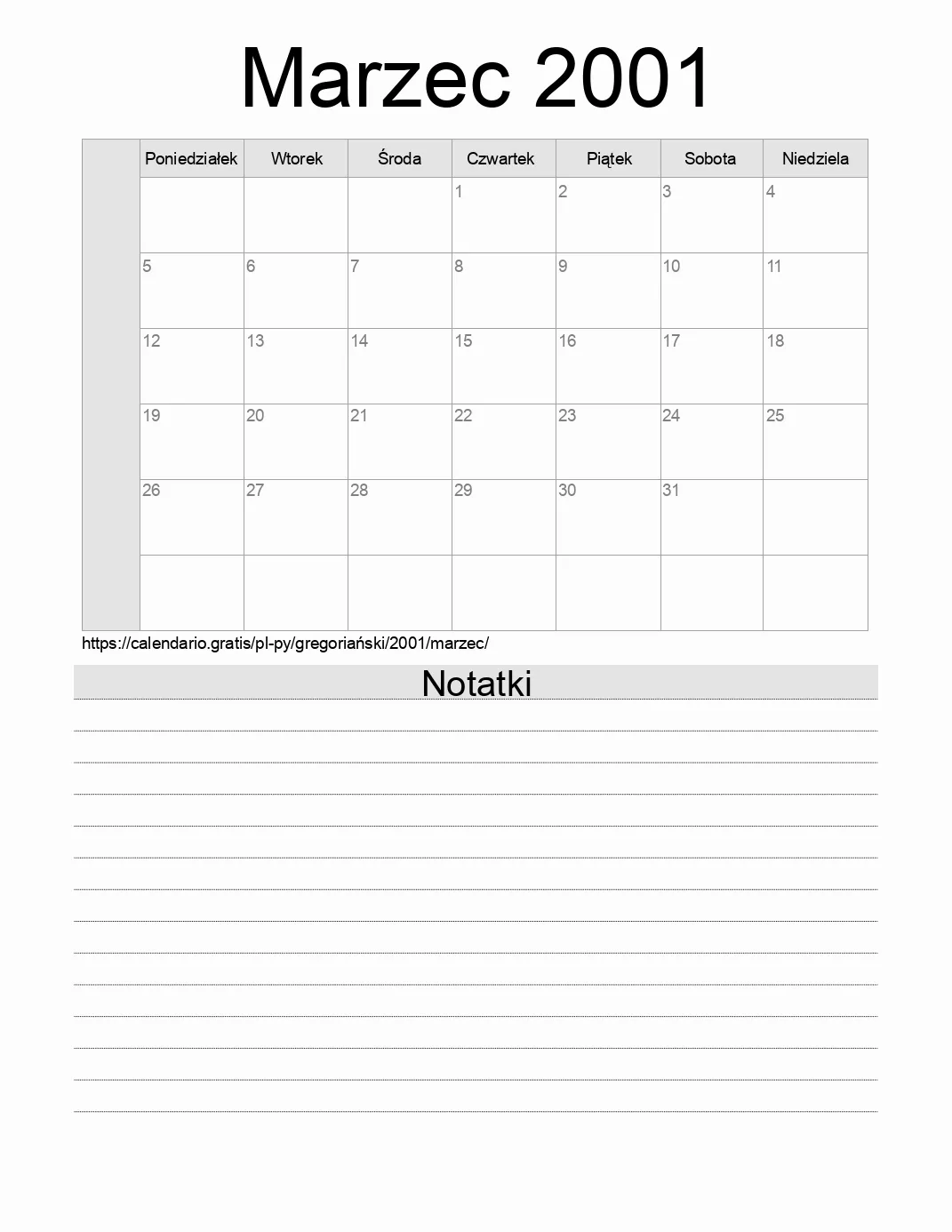 Kalendarz na Marzec 2001 do druku z notatkami. (Paragwaj) Kalendarz na Marzec 2001 do druku z notatkami. (Paragwaj)