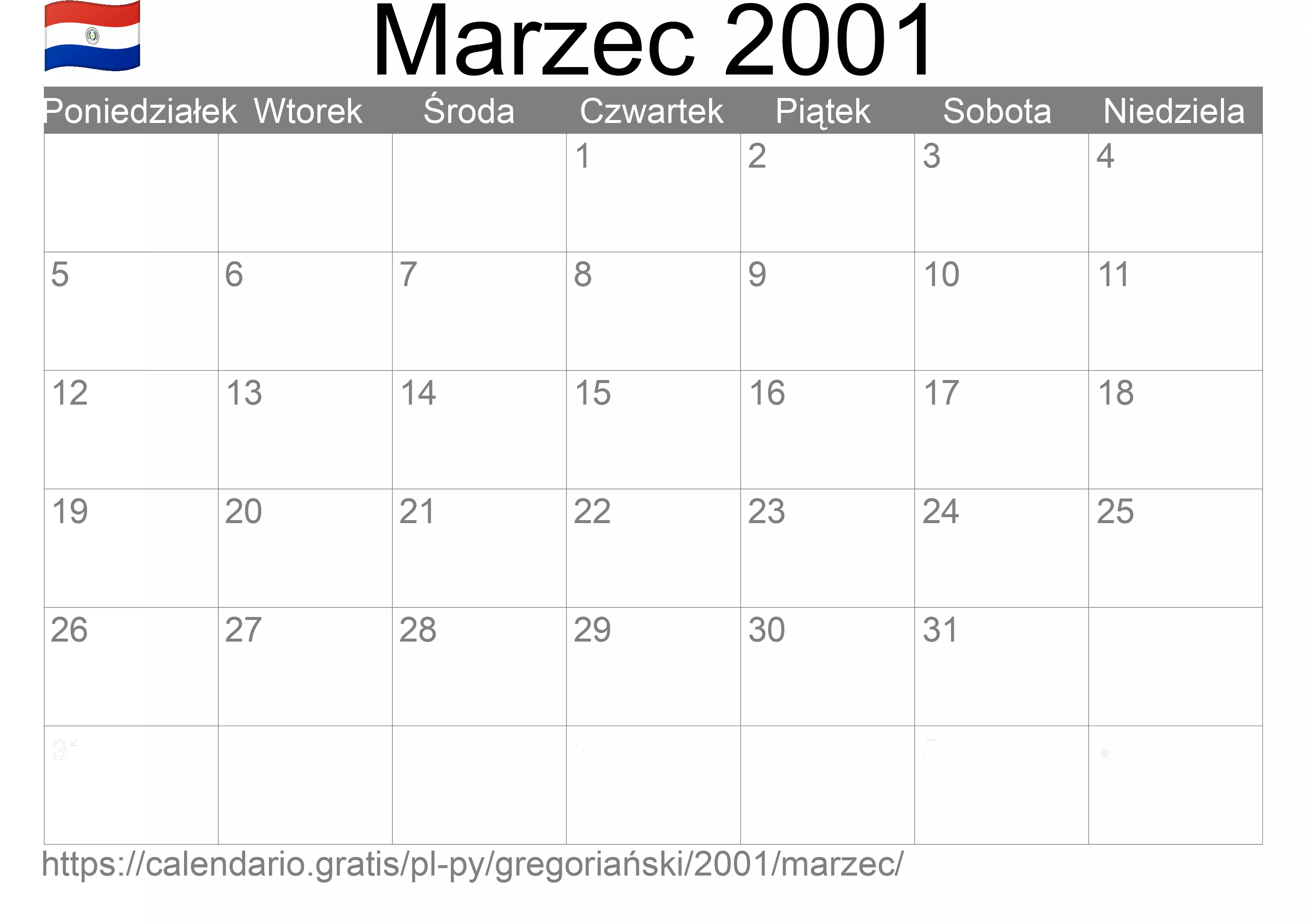 Kalendarz na Marzec 2001 do druku (Paragwaj) Kalendarz na Marzec 2001 do druku (Paragwaj)