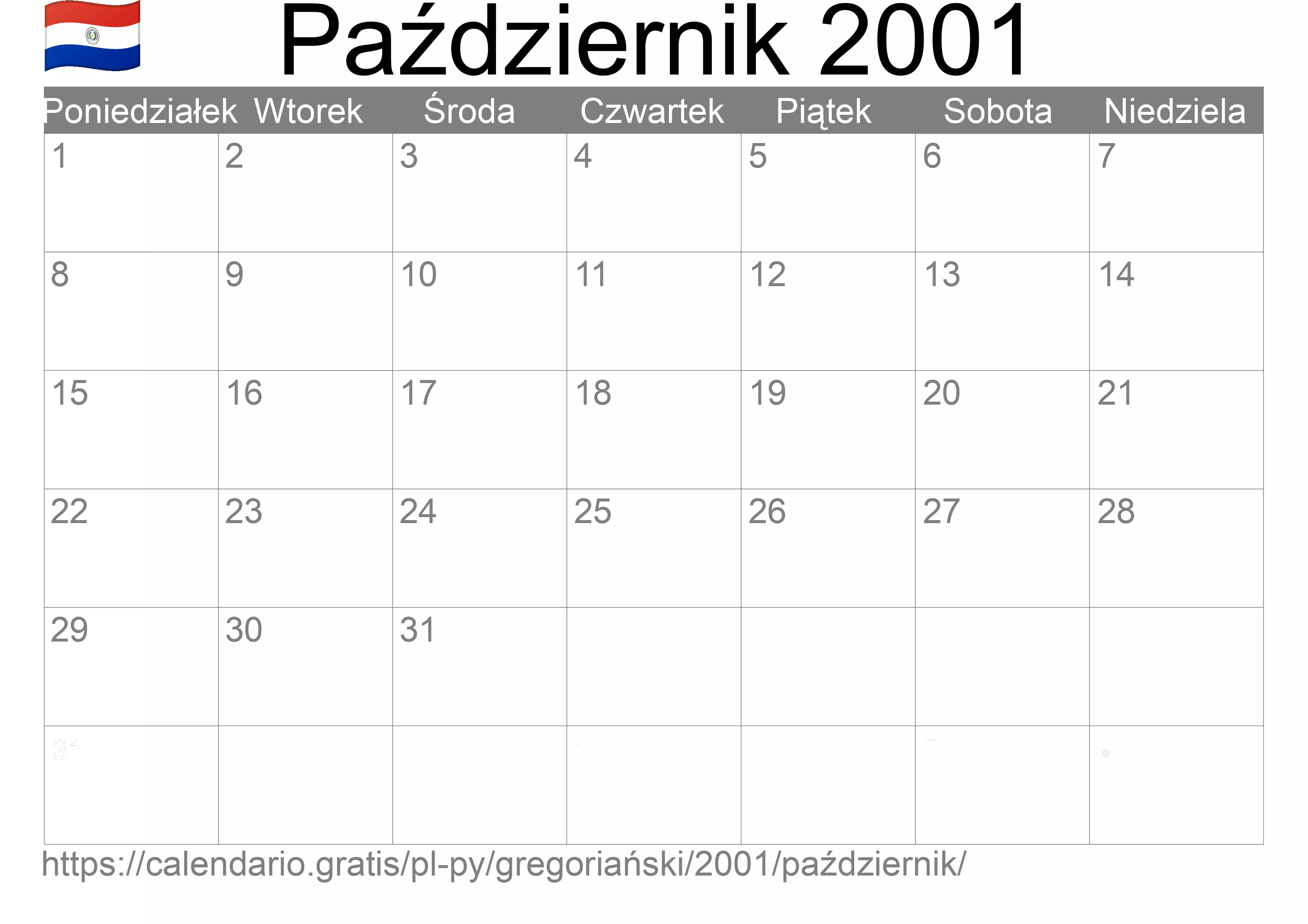 Kalendarz na Październik 2001 do druku (Paragwaj) Kalendarz na Październik 2001 do druku (Paragwaj)