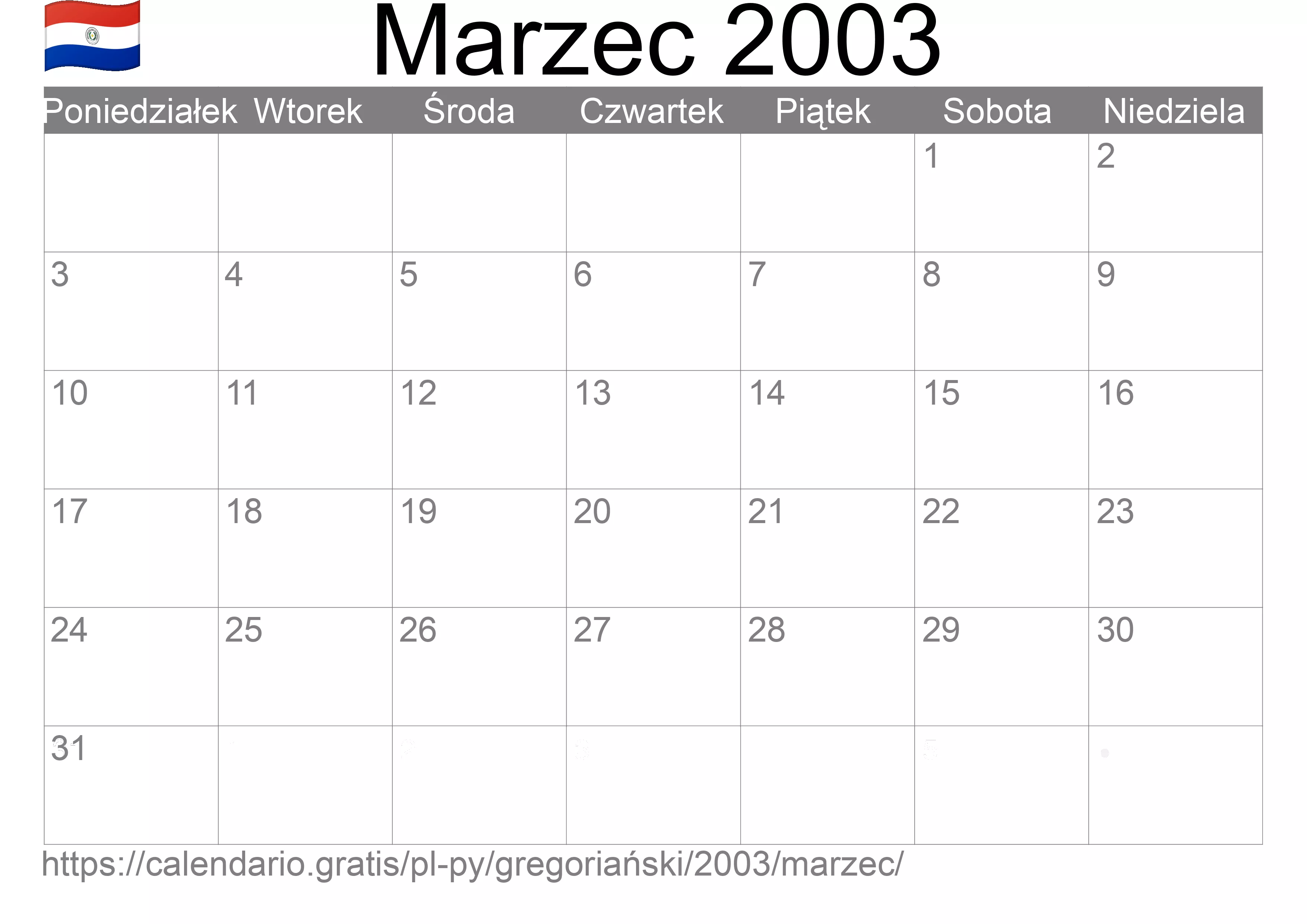 Kalendarz na Marzec 2003 do druku (Paragwaj) Kalendarz na Marzec 2003 do druku (Paragwaj)
