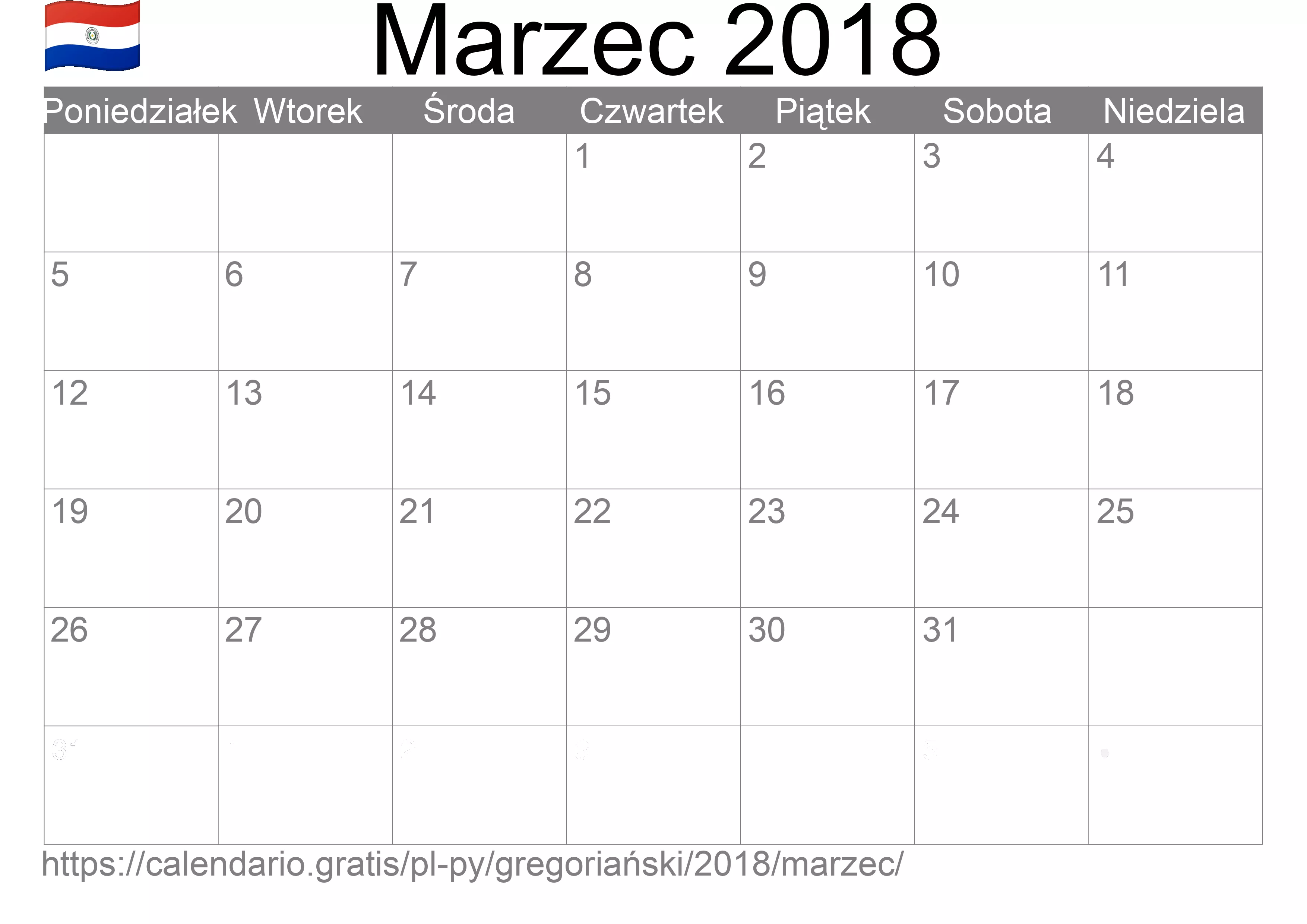 Kalendarz na Marzec 2018 do druku (Paragwaj) Kalendarz na Marzec 2018 do druku (Paragwaj)