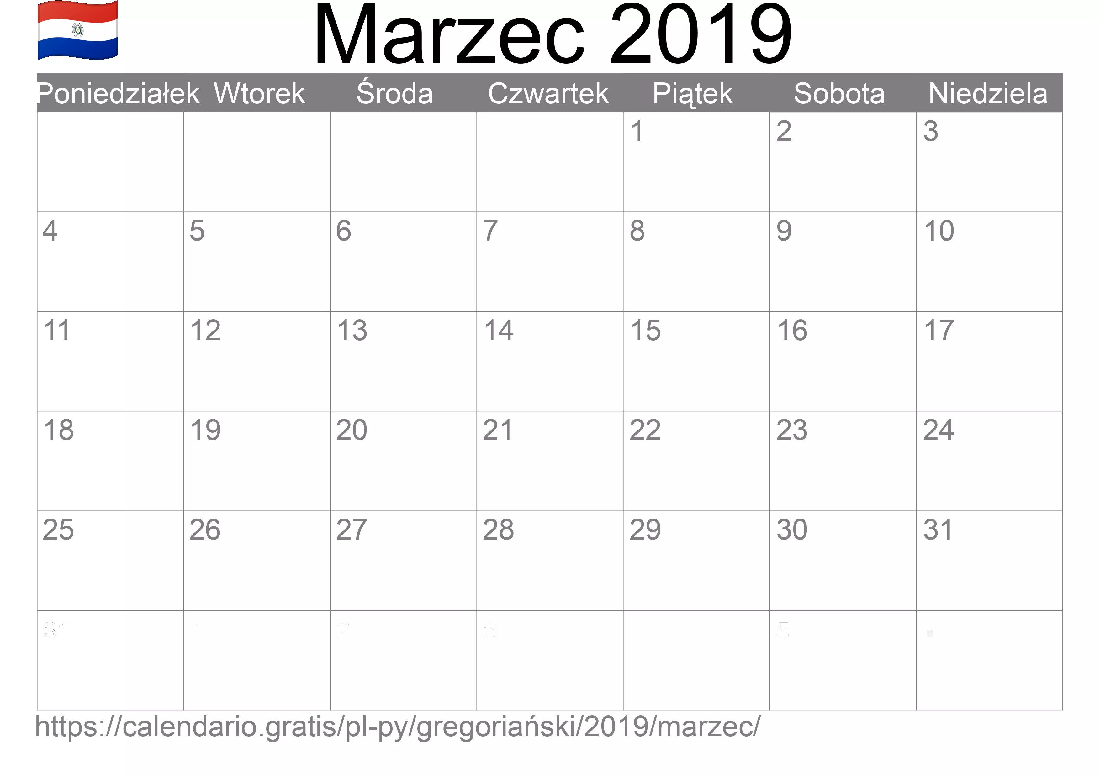 Kalendarz na Marzec 2019 do druku (Paragwaj) Kalendarz na Marzec 2019 do druku (Paragwaj)