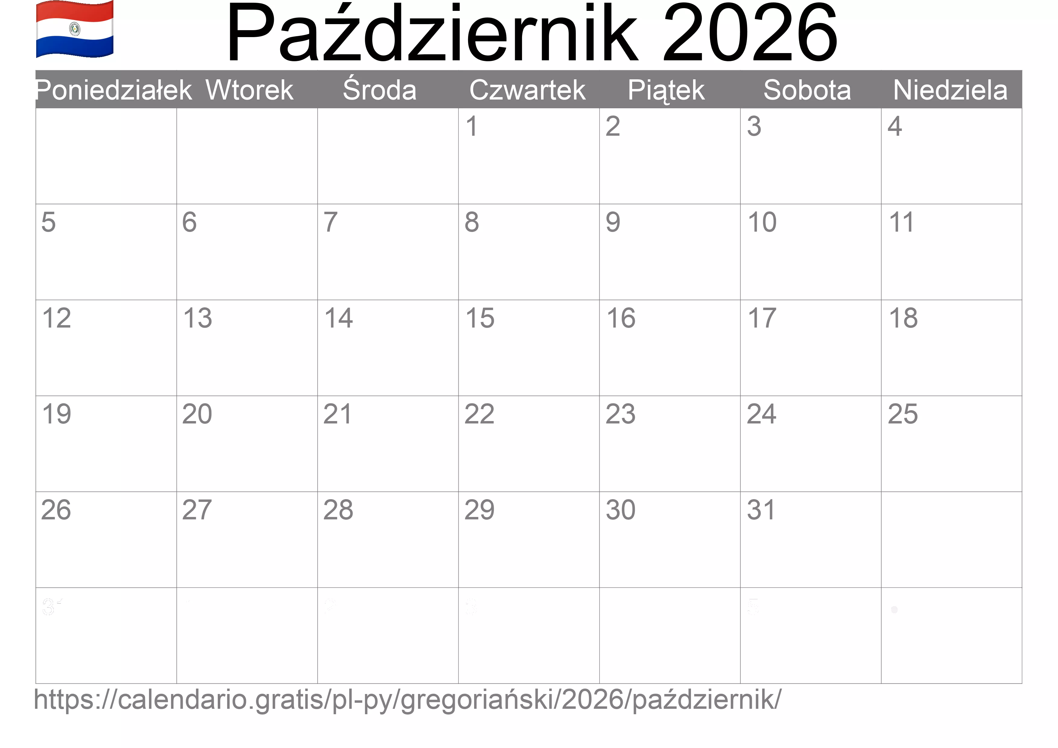 Kalendarz na Październik 2026 do druku (Paragwaj) Kalendarz na Październik 2026 do druku (Paragwaj)