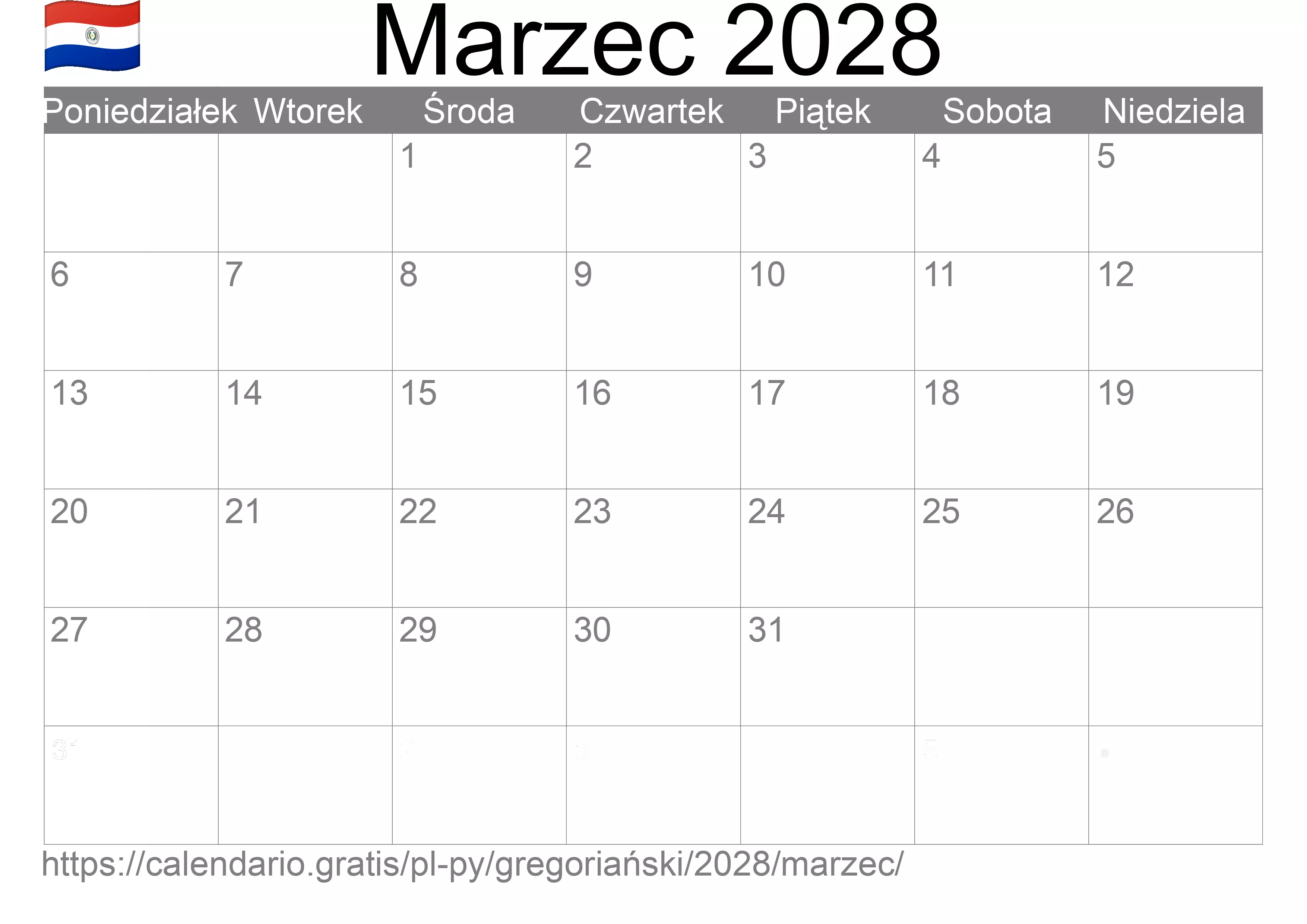 Kalendarz na Marzec 2028 do druku (Paragwaj) Kalendarz na Marzec 2028 do druku (Paragwaj)