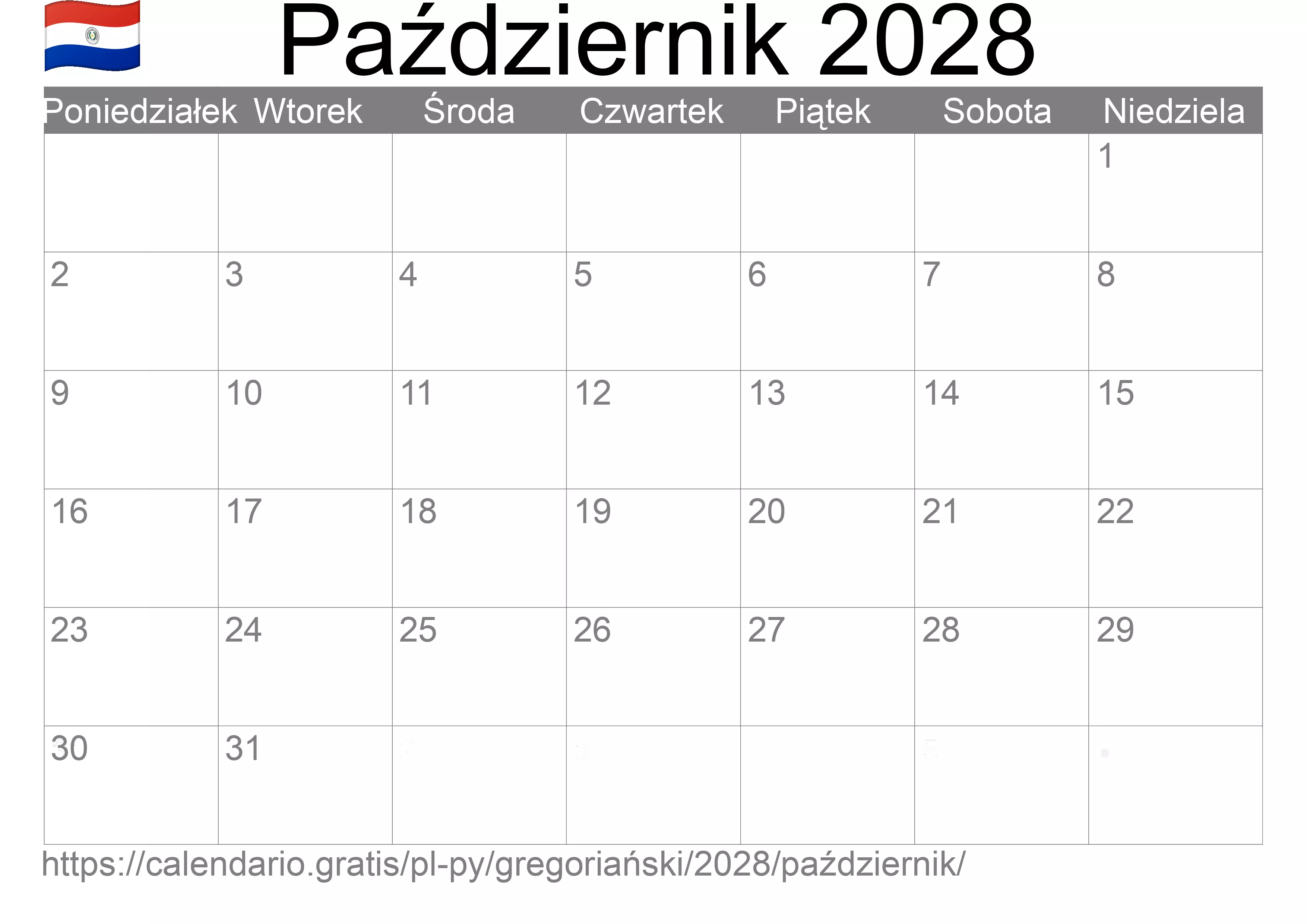 Kalendarz na Październik 2028 do druku (Paragwaj) Kalendarz na Październik 2028 do druku (Paragwaj)