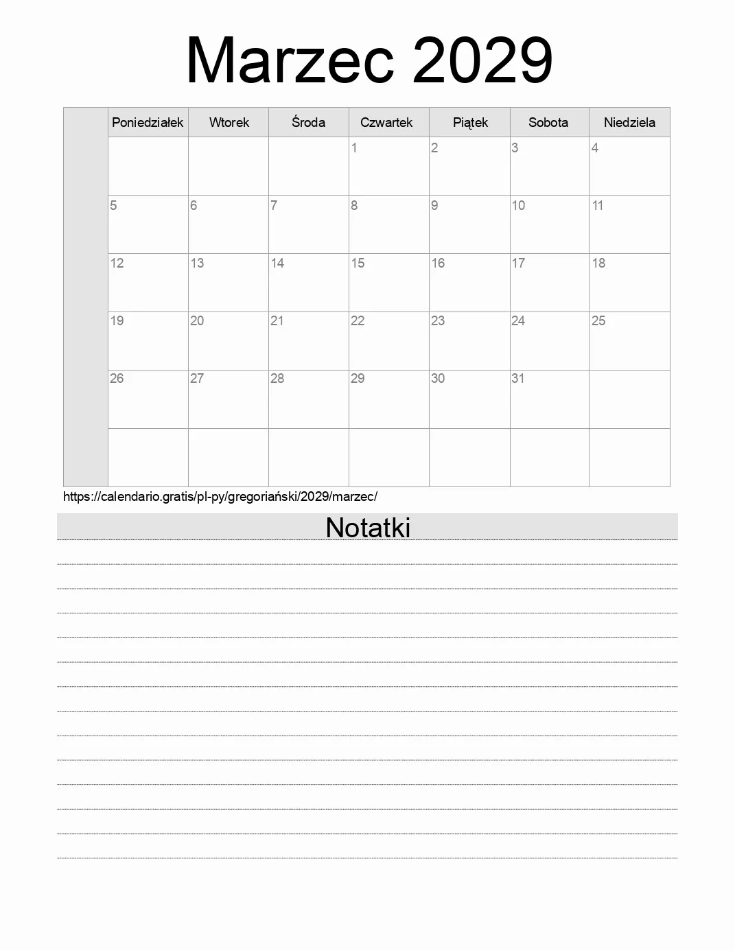 Kalendarz na Marzec 2029 do druku z notatkami. (Paragwaj) Kalendarz na Marzec 2029 do druku z notatkami. (Paragwaj)