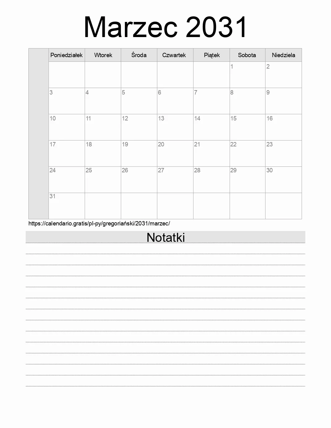 Kalendarz na Marzec 2031 do druku z notatkami. (Paragwaj) Kalendarz na Marzec 2031 do druku z notatkami. (Paragwaj)