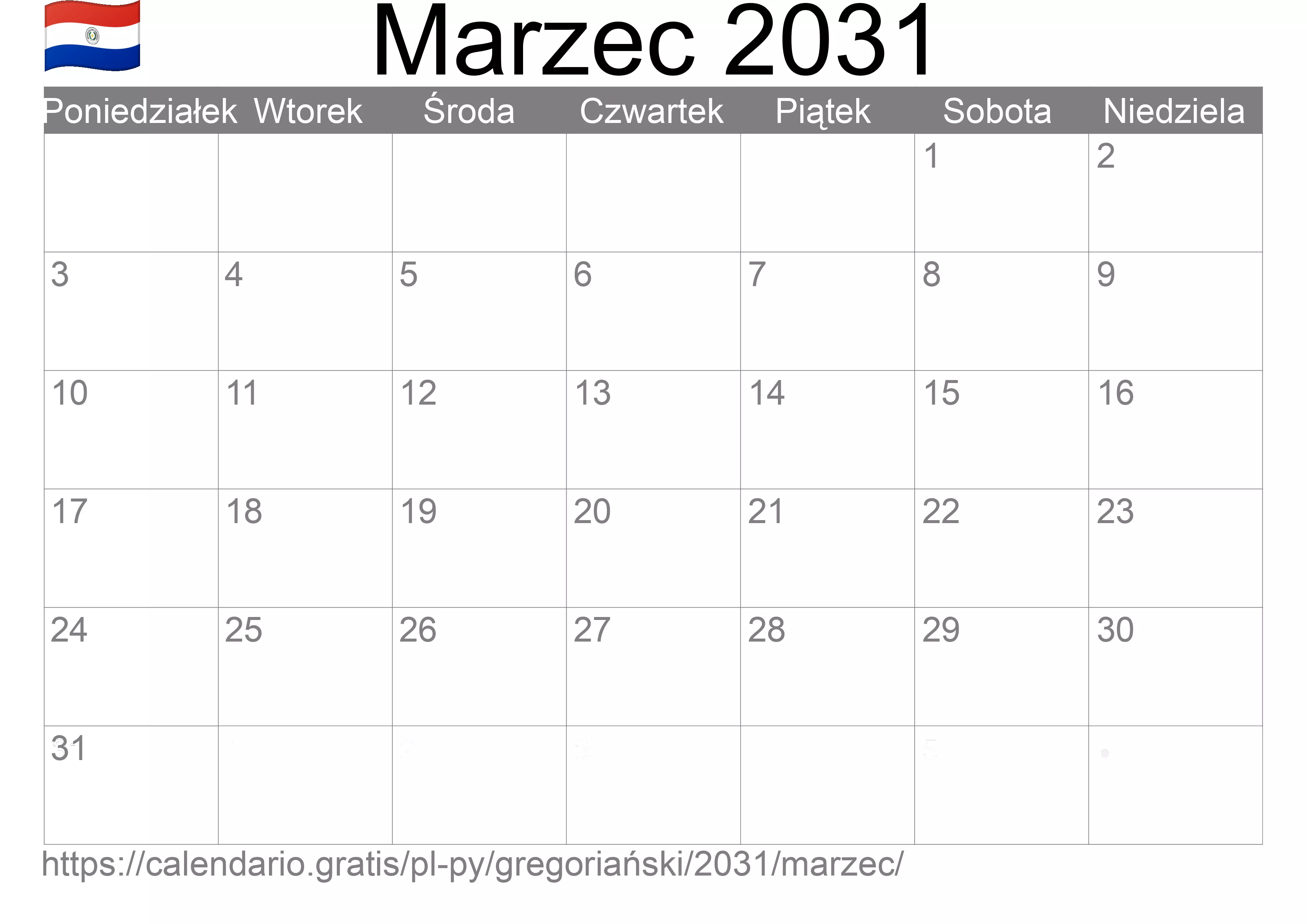Kalendarz na Marzec 2031 do druku (Paragwaj) Kalendarz na Marzec 2031 do druku (Paragwaj)