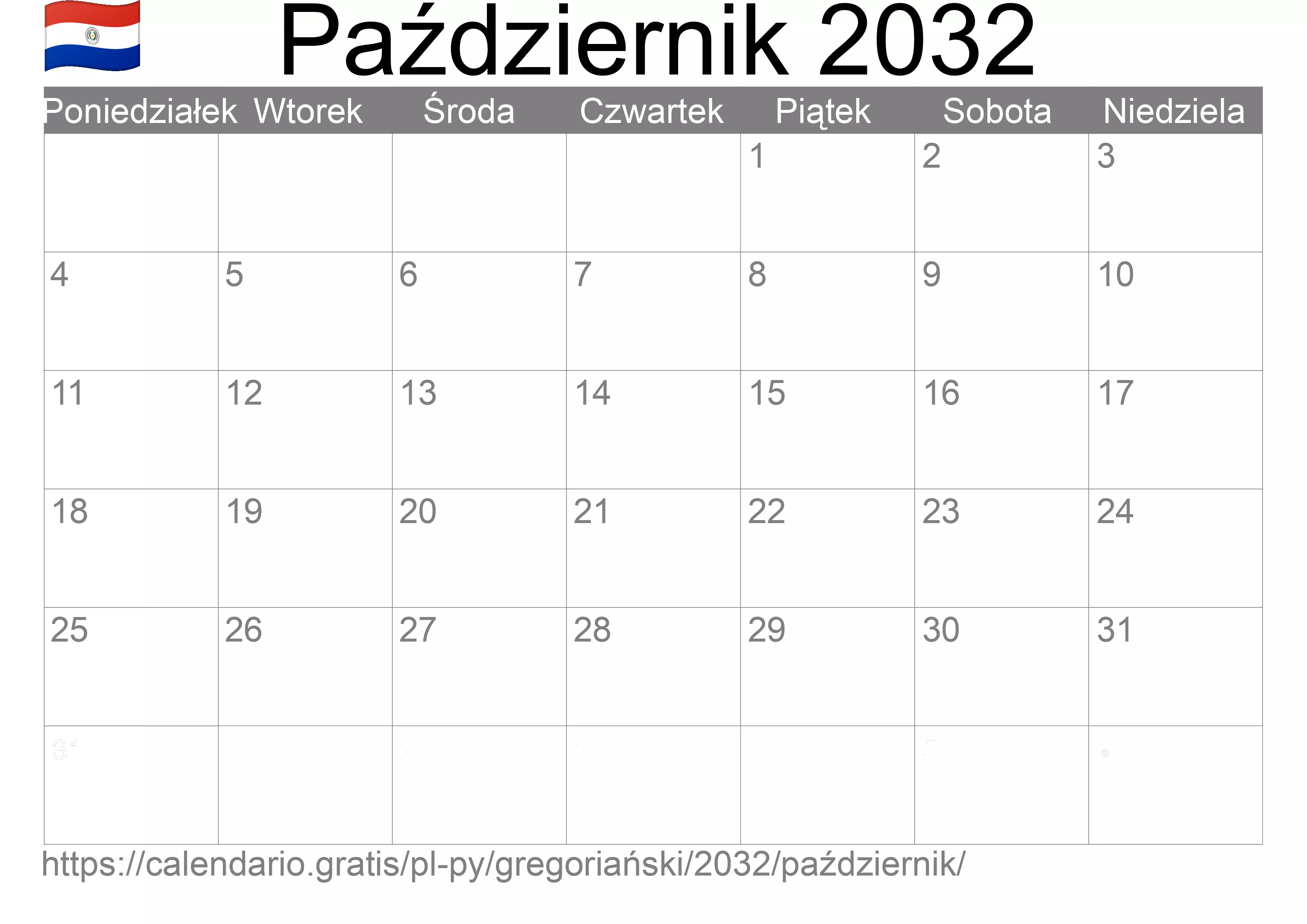 Kalendarz na Październik 2032 do druku (Paragwaj) Kalendarz na Październik 2032 do druku (Paragwaj)