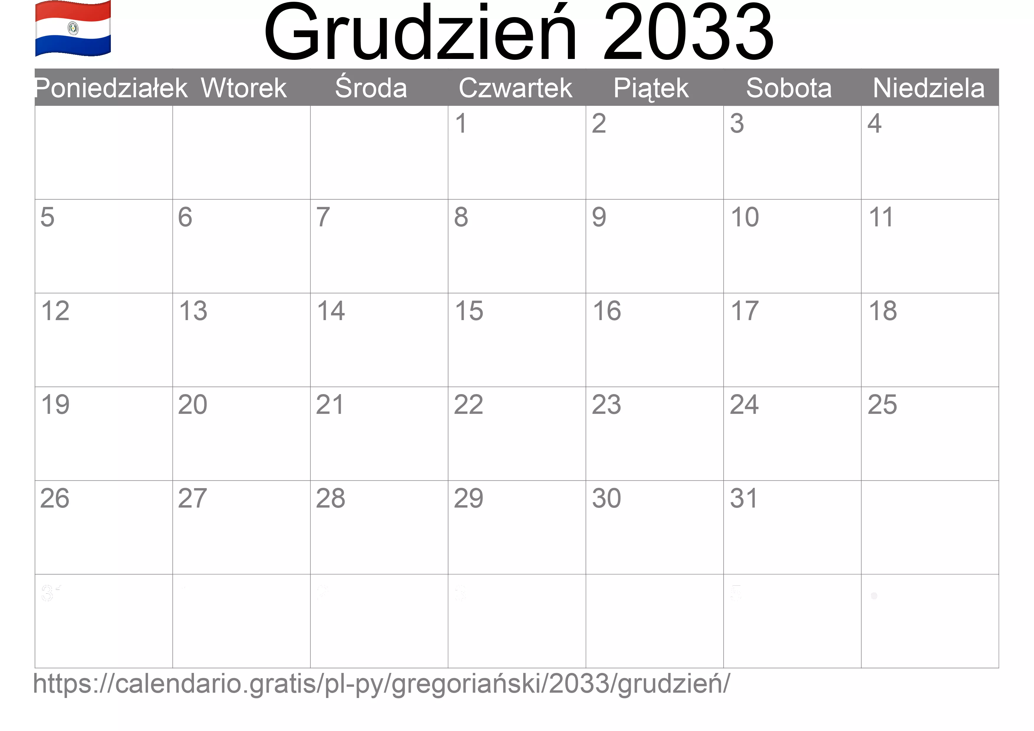 Kalendarz na Grudzień 2033 do druku (Paragwaj) Kalendarz na Grudzień 2033 do druku (Paragwaj)
