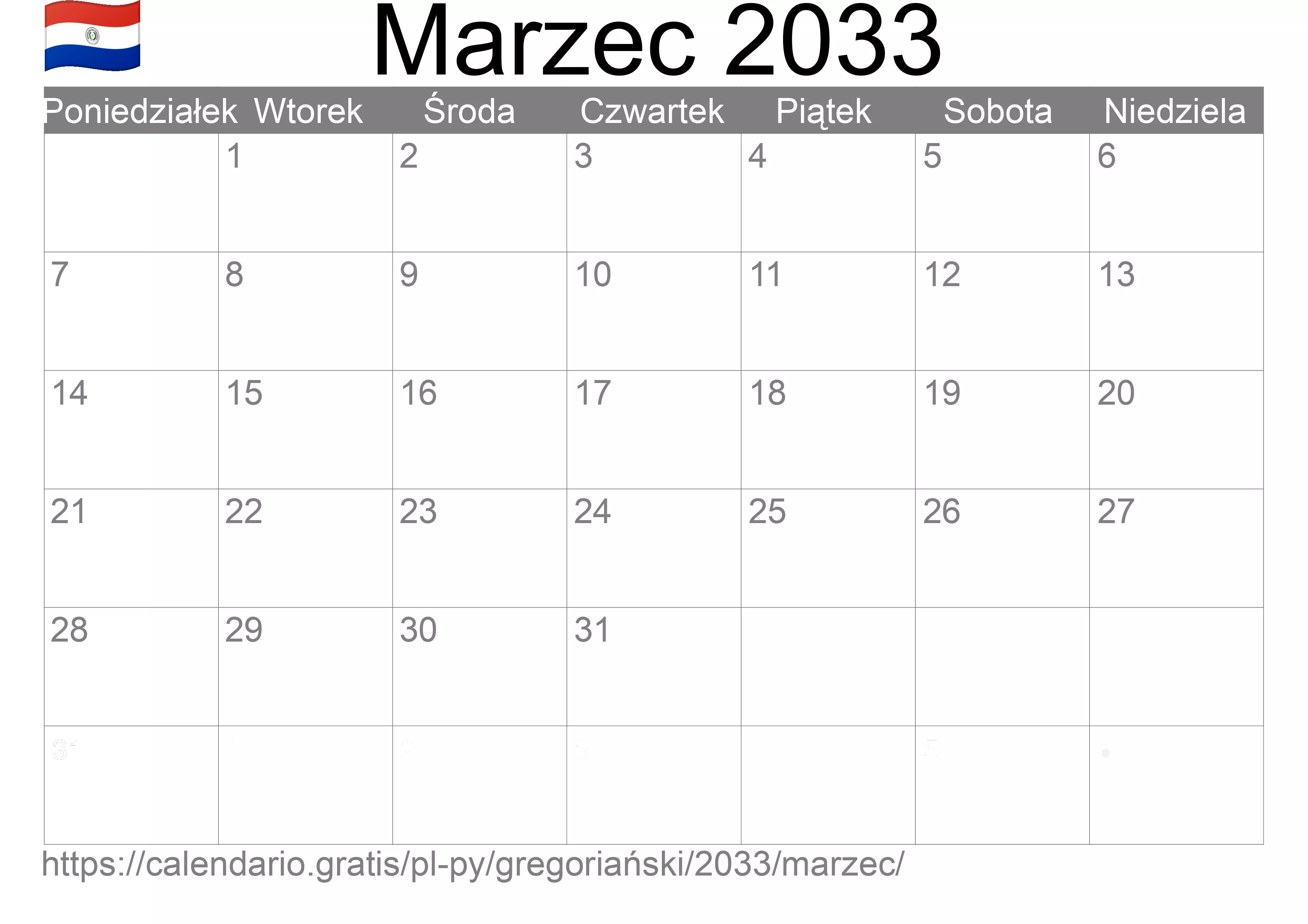 Kalendarz na Marzec 2033 do druku (Paragwaj) Kalendarz na Marzec 2033 do druku (Paragwaj)