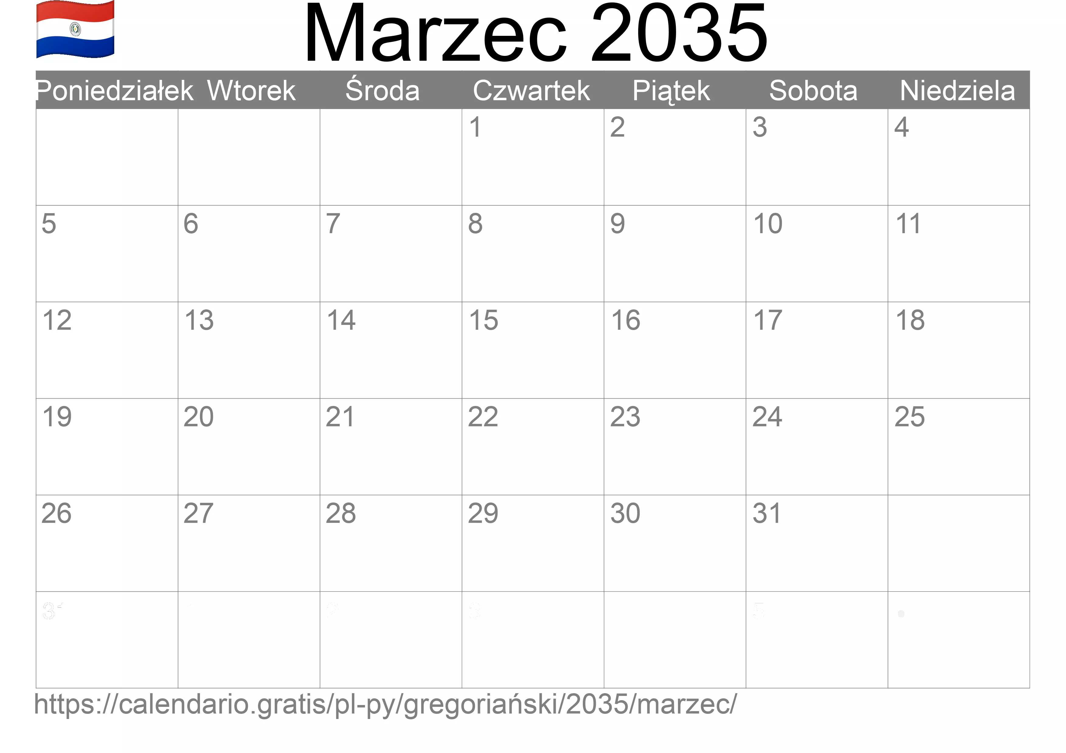Kalendarz na Marzec 2035 do druku (Paragwaj) Kalendarz na Marzec 2035 do druku (Paragwaj)
