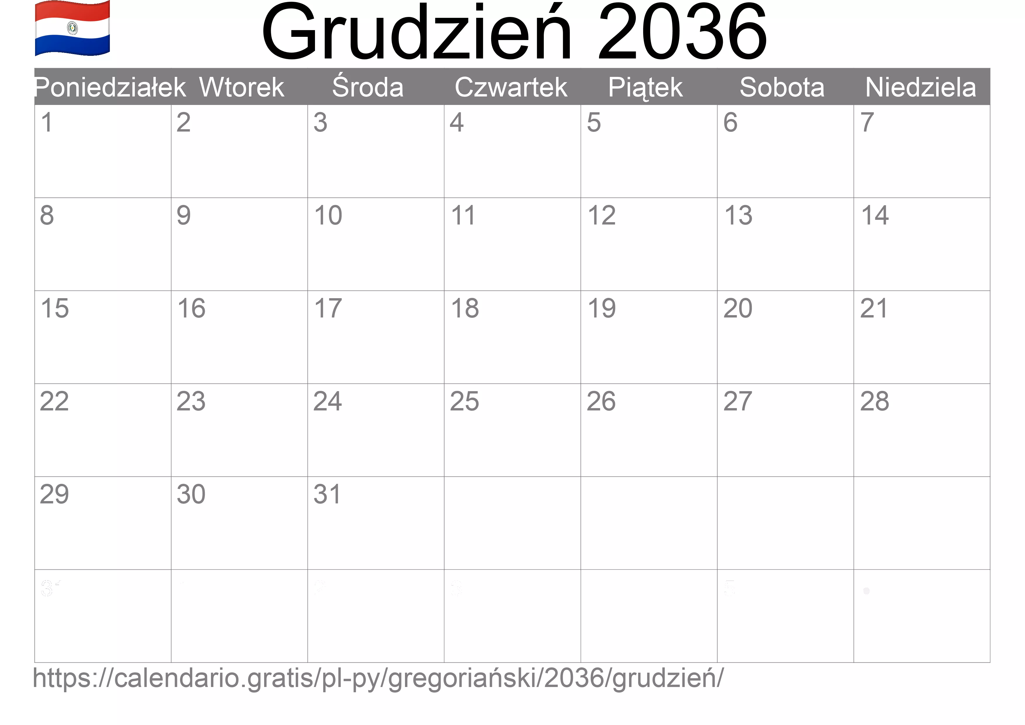Kalendarz na Grudzień 2036 do druku (Paragwaj) Kalendarz na Grudzień 2036 do druku (Paragwaj)