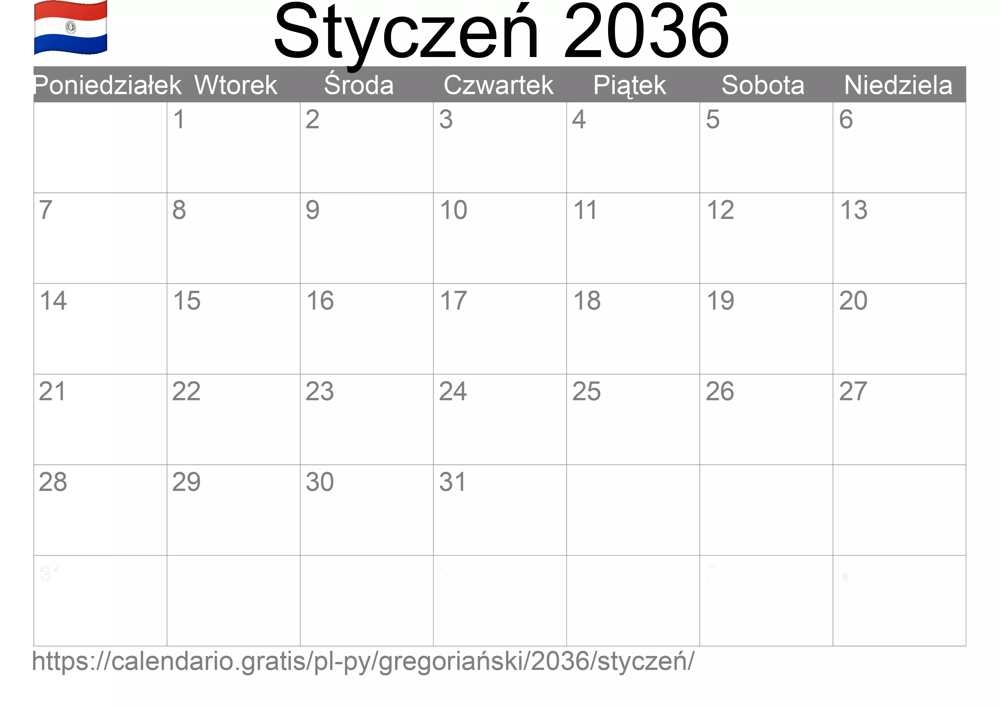 Kalendarz na Styczeń 2036 do druku (Paragwaj) Kalendarz na Styczeń 2036 do druku (Paragwaj)