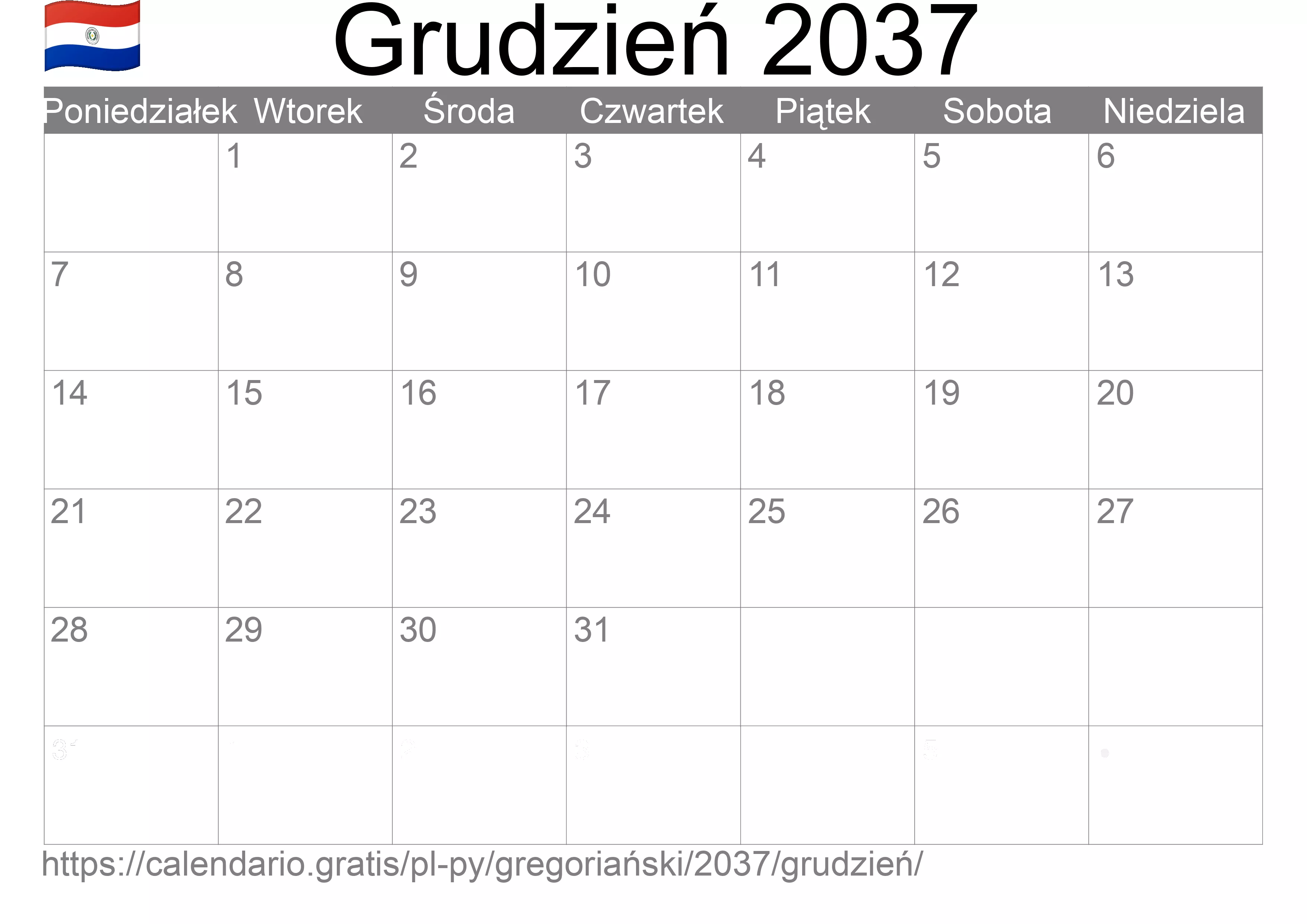 Kalendarz na Grudzień 2037 do druku (Paragwaj) Kalendarz na Grudzień 2037 do druku (Paragwaj)