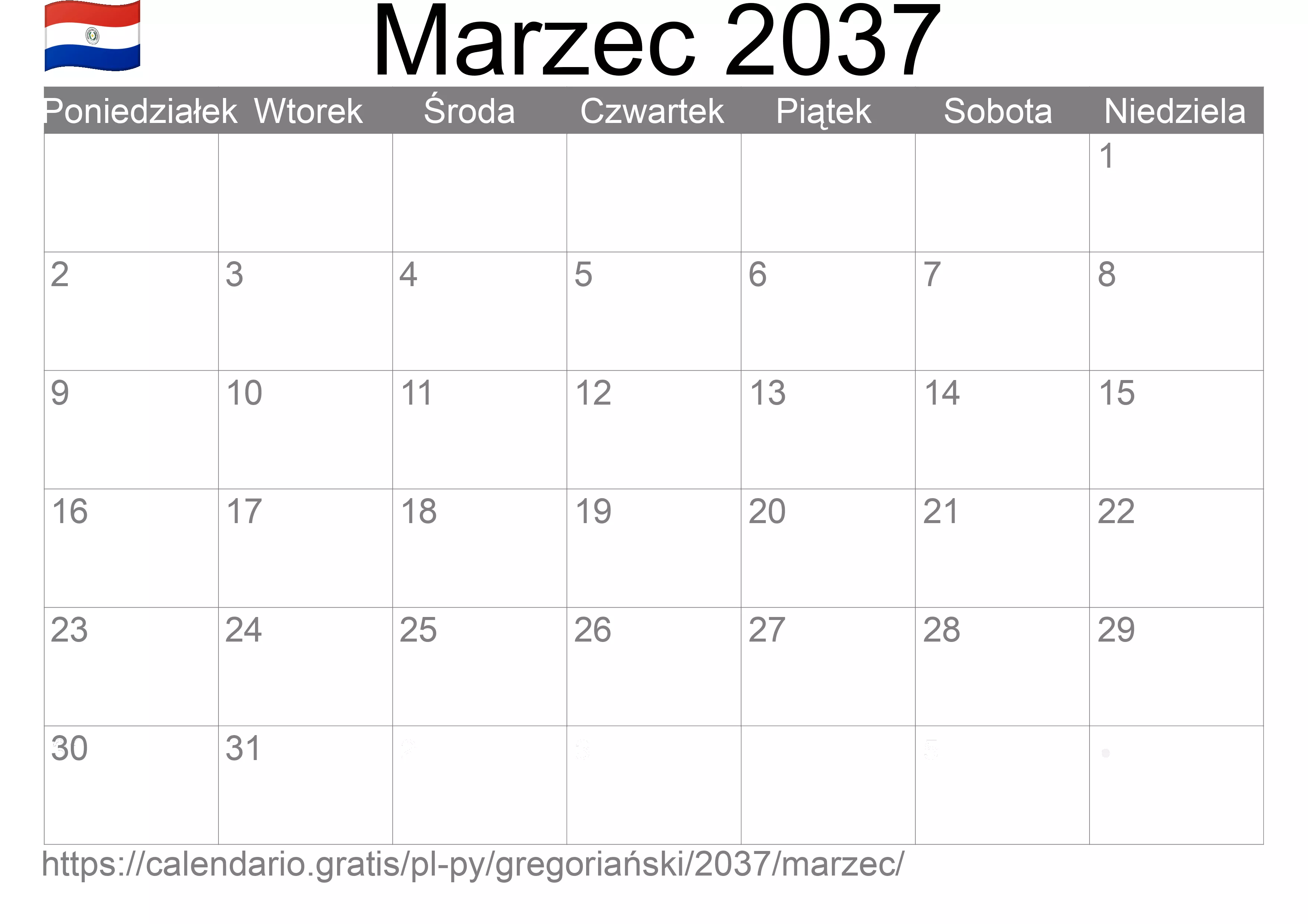 Kalendarz na Marzec 2037 do druku (Paragwaj) Kalendarz na Marzec 2037 do druku (Paragwaj)