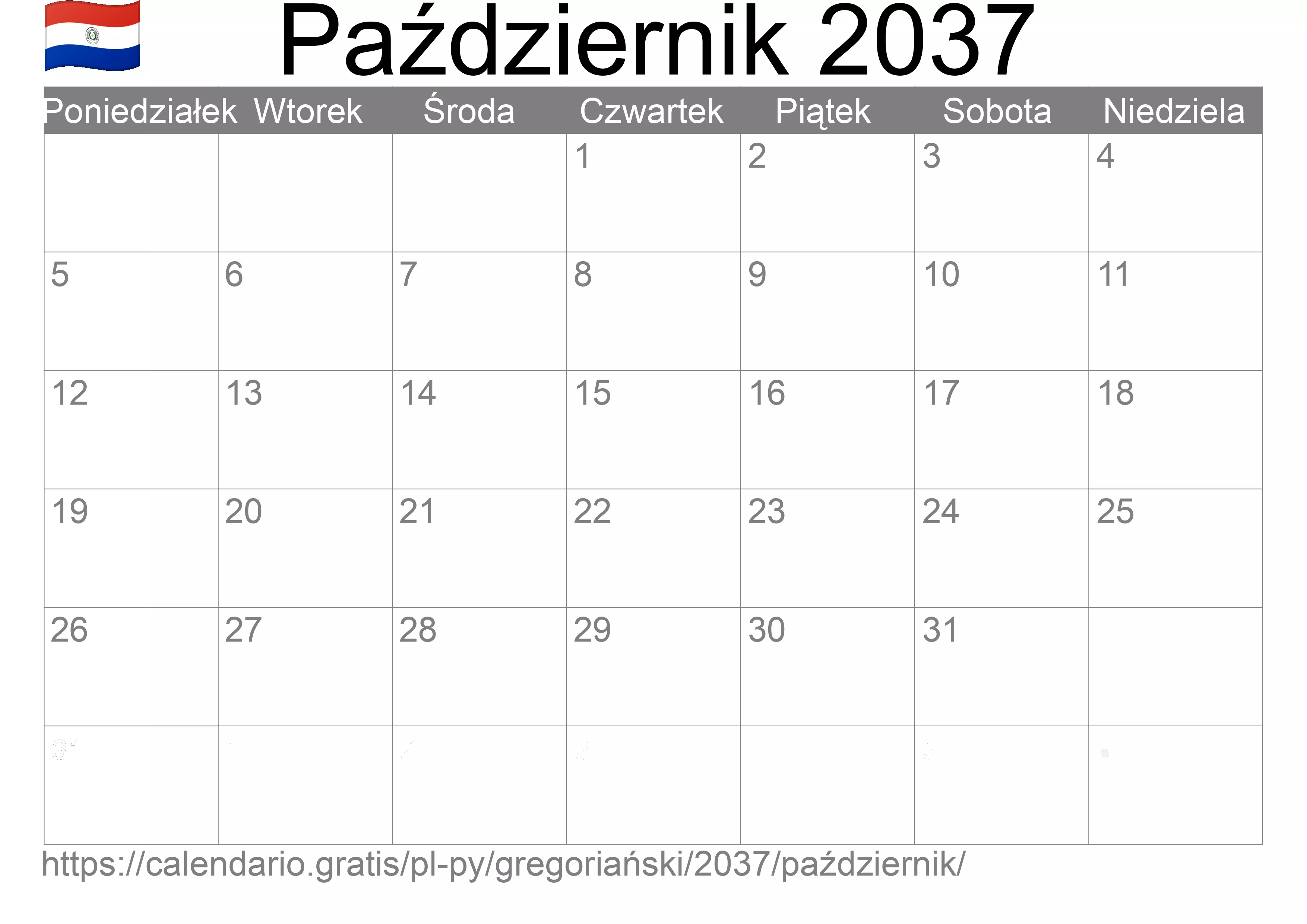 Kalendarz na Październik 2037 do druku (Paragwaj) Kalendarz na Październik 2037 do druku (Paragwaj)