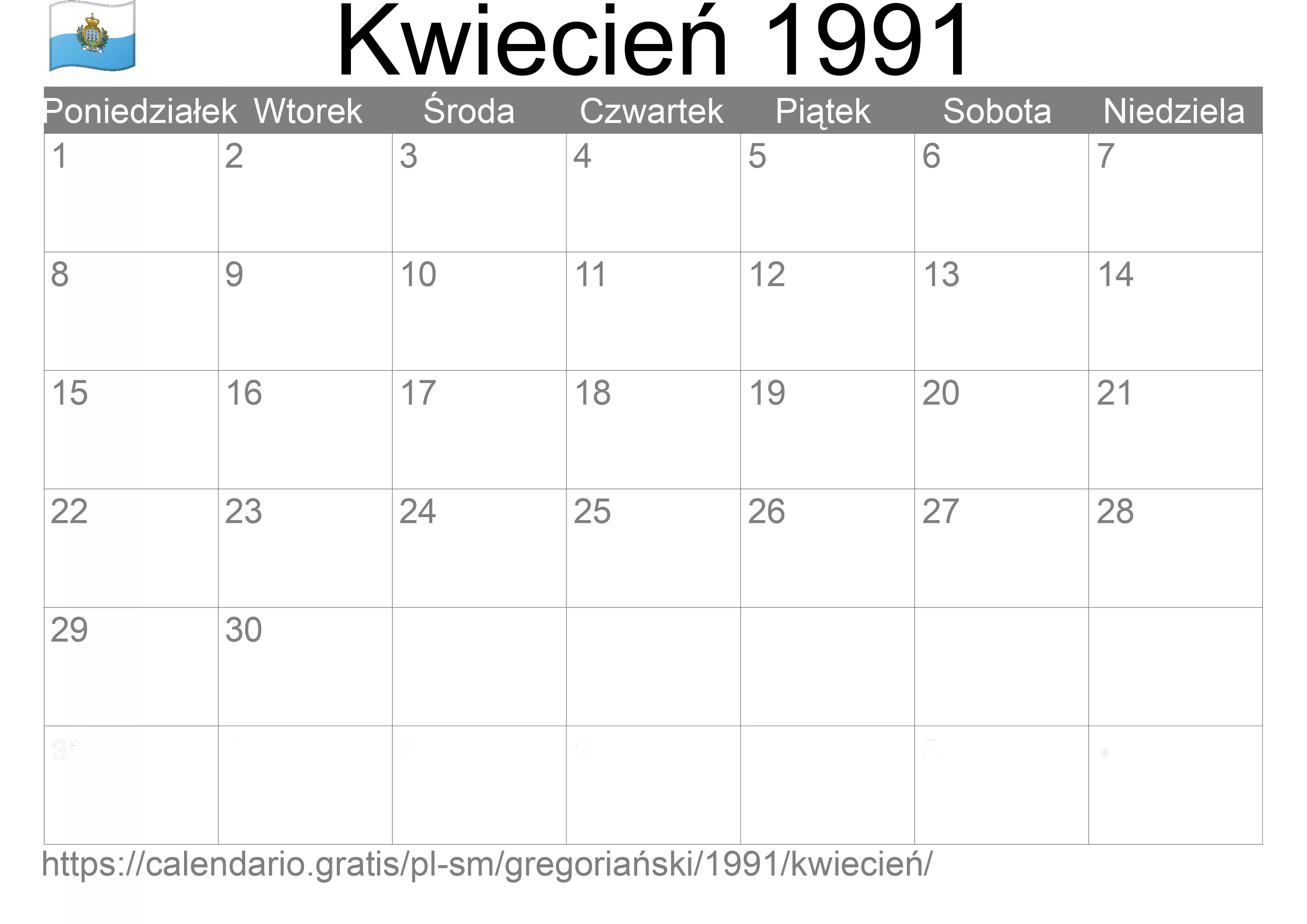 Kalendarz na Kwiecień 1991 do druku (San Marino)