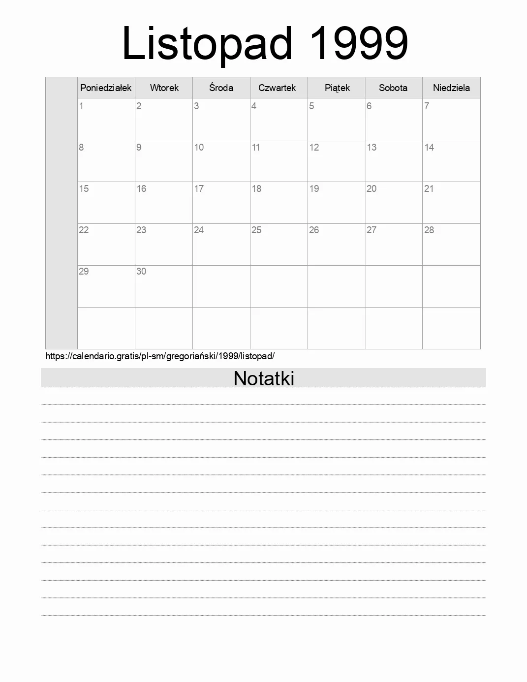 Kalendarz na Listopad 1999 do druku z notatkami. (San Marino)