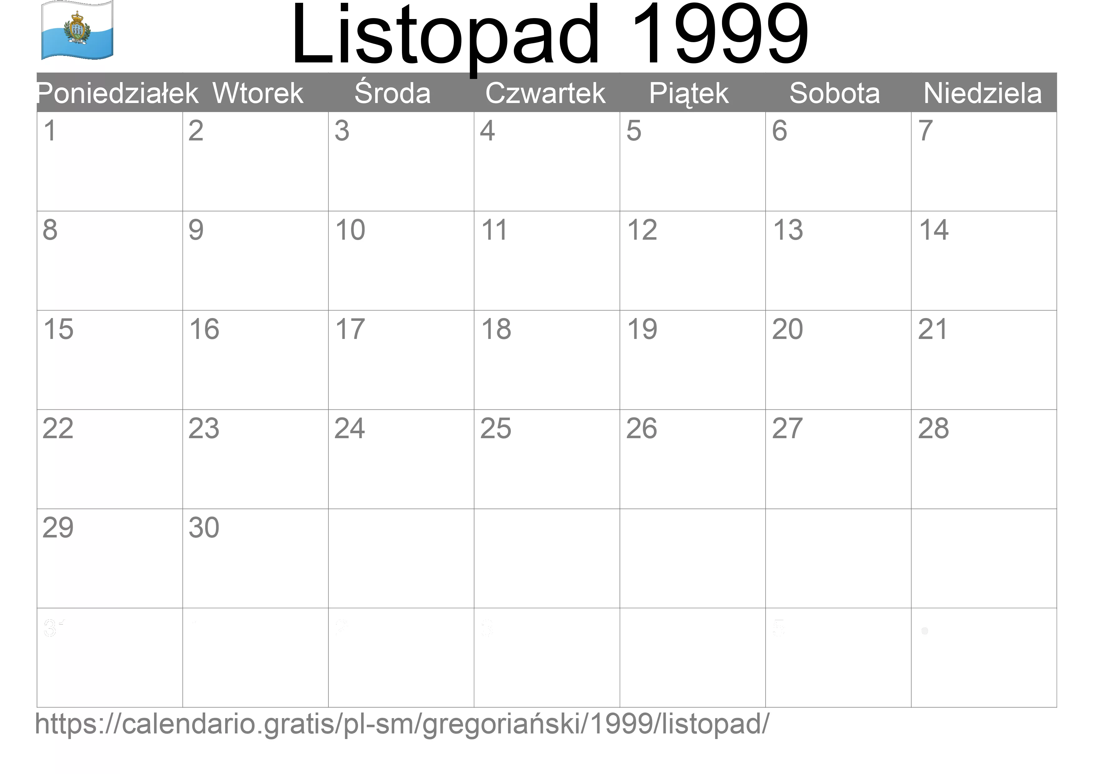 Kalendarz na Listopad 1999 do druku (San Marino)