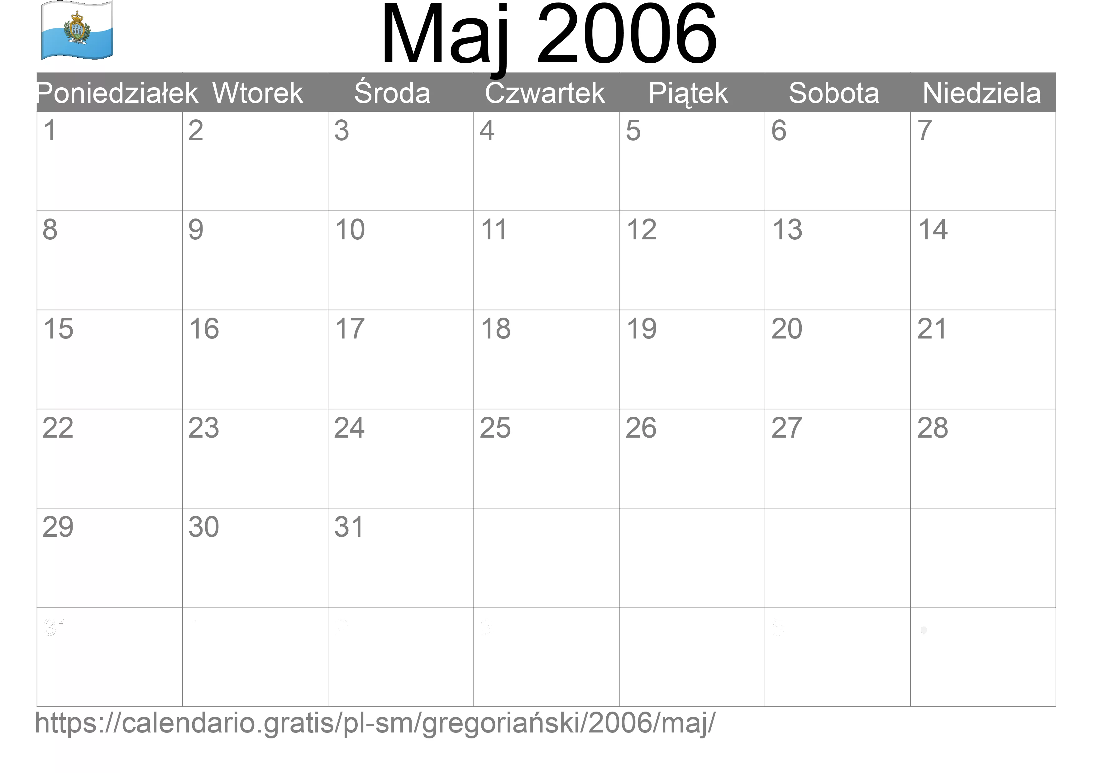 Kalendarz na Maj 2006 do druku (San Marino) Kalendarz na Maj 2006 do druku (San Marino)