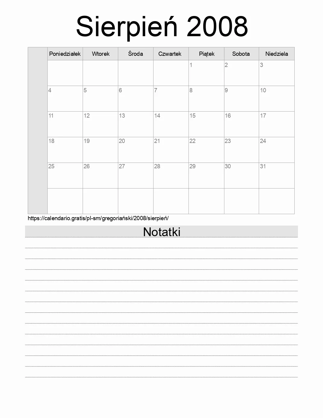 Kalendarz na Sierpień 2008 do druku z notatkami. (San Marino) Kalendarz na Sierpień 2008 do druku z notatkami. (San Marino)