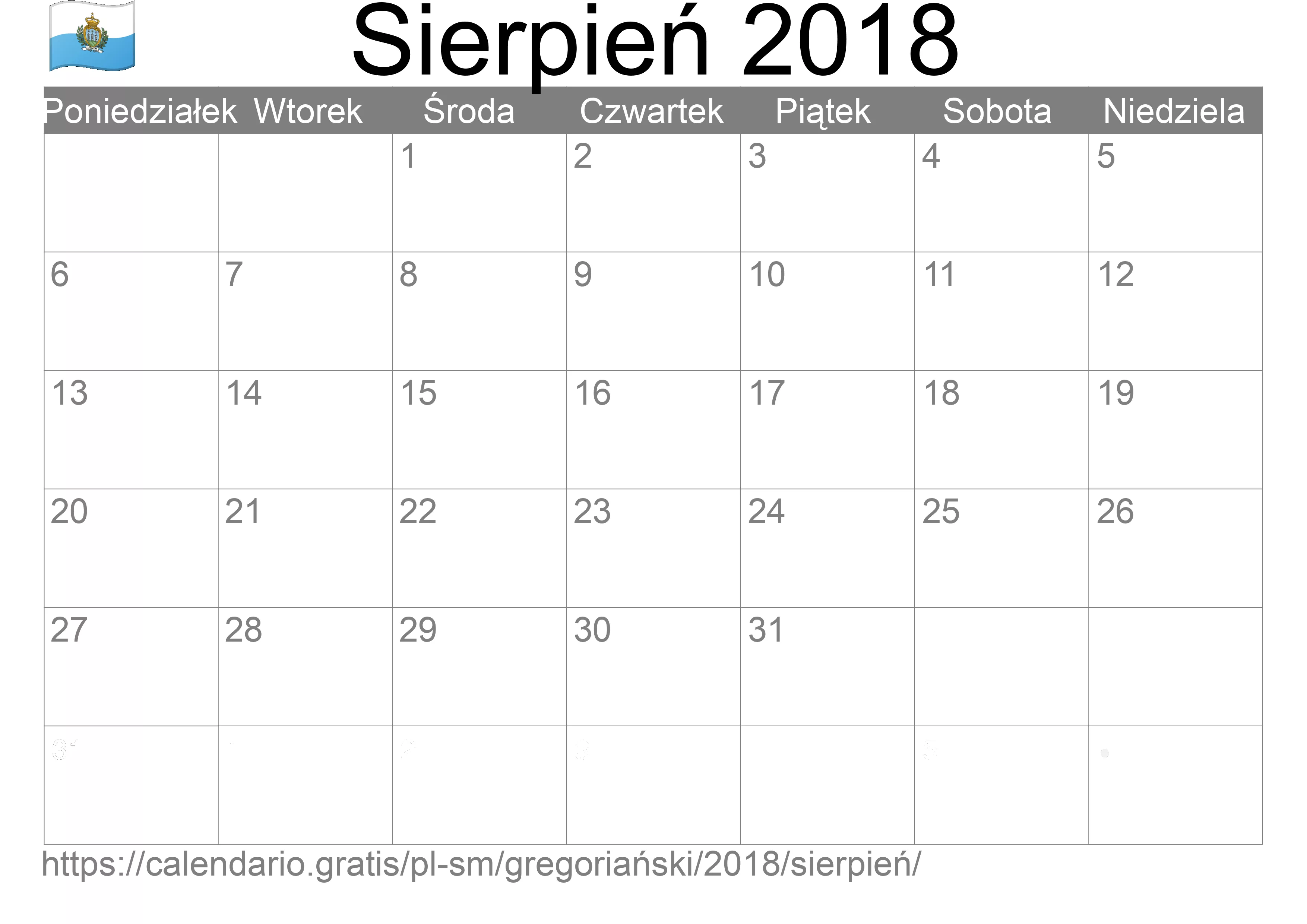 Kalendarz na Sierpień 2018 do druku (San Marino) Kalendarz na Sierpień 2018 do druku (San Marino)