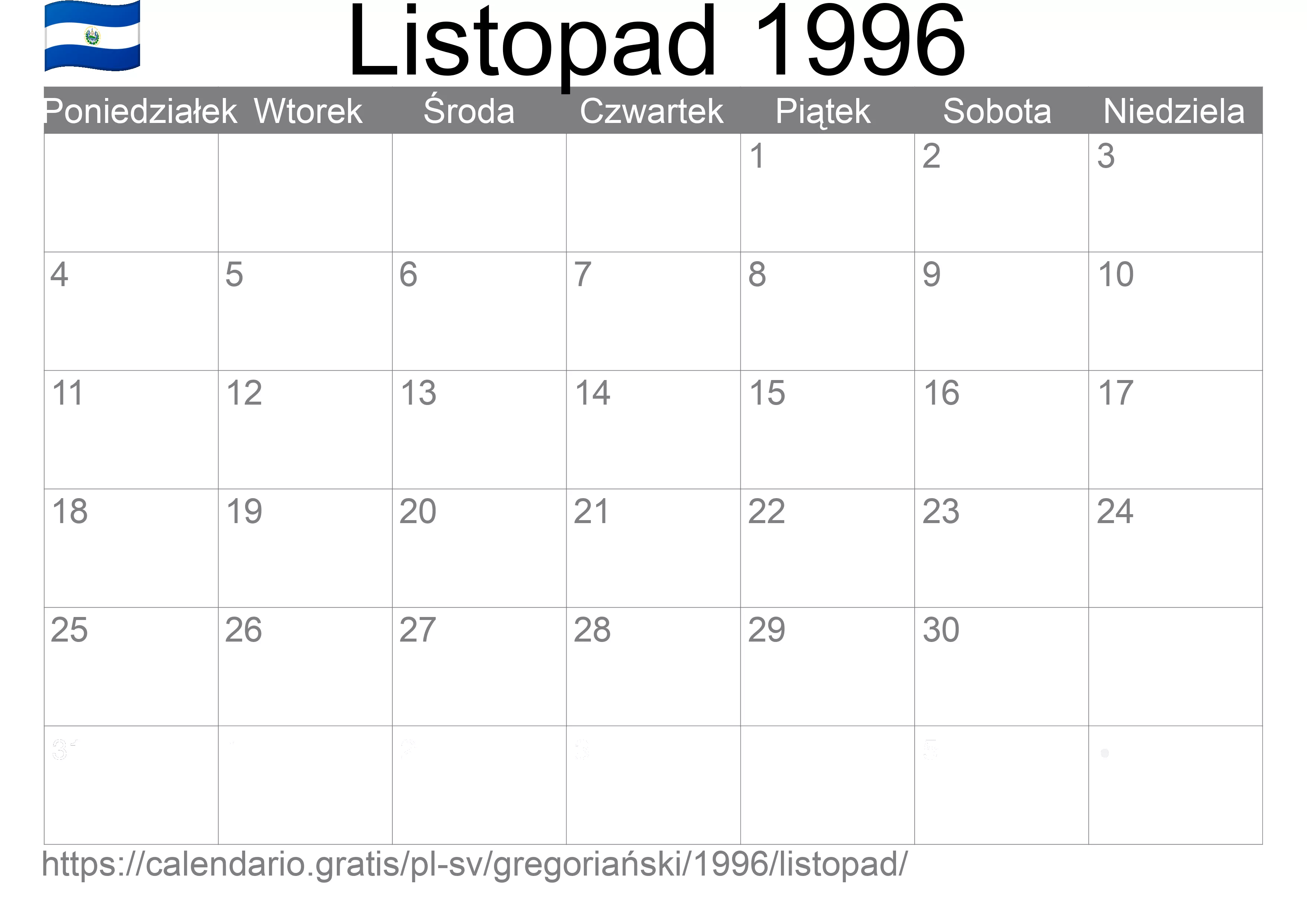 Kalendarz na Listopad 1996 do druku (Salwador)
