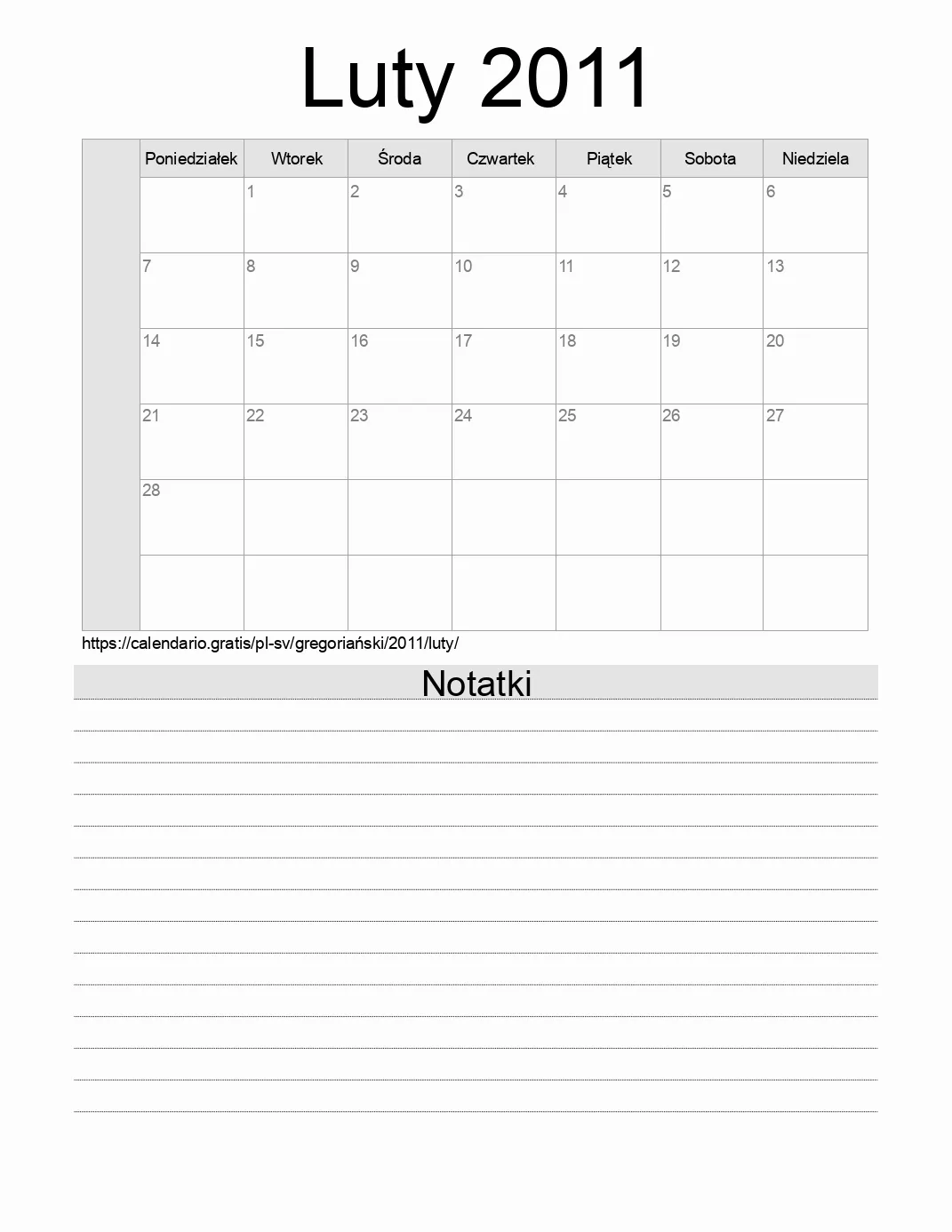 Kalendarz na Luty 2011 do druku z notatkami. (Salwador)