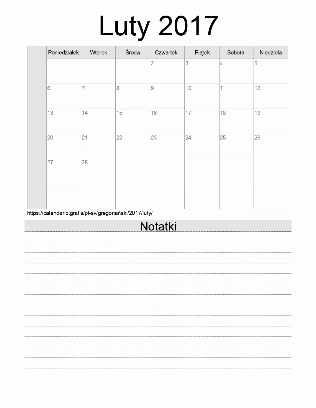 Kalendarz na Luty 2017 do druku z notatkami. (Salwador)