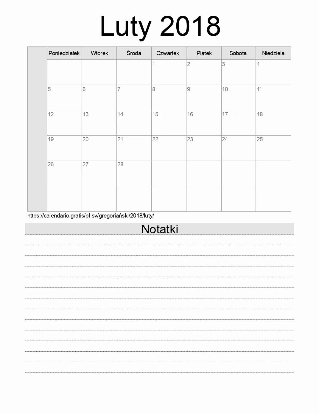 Kalendarz na Luty 2018 do druku z notatkami. (Salwador)
