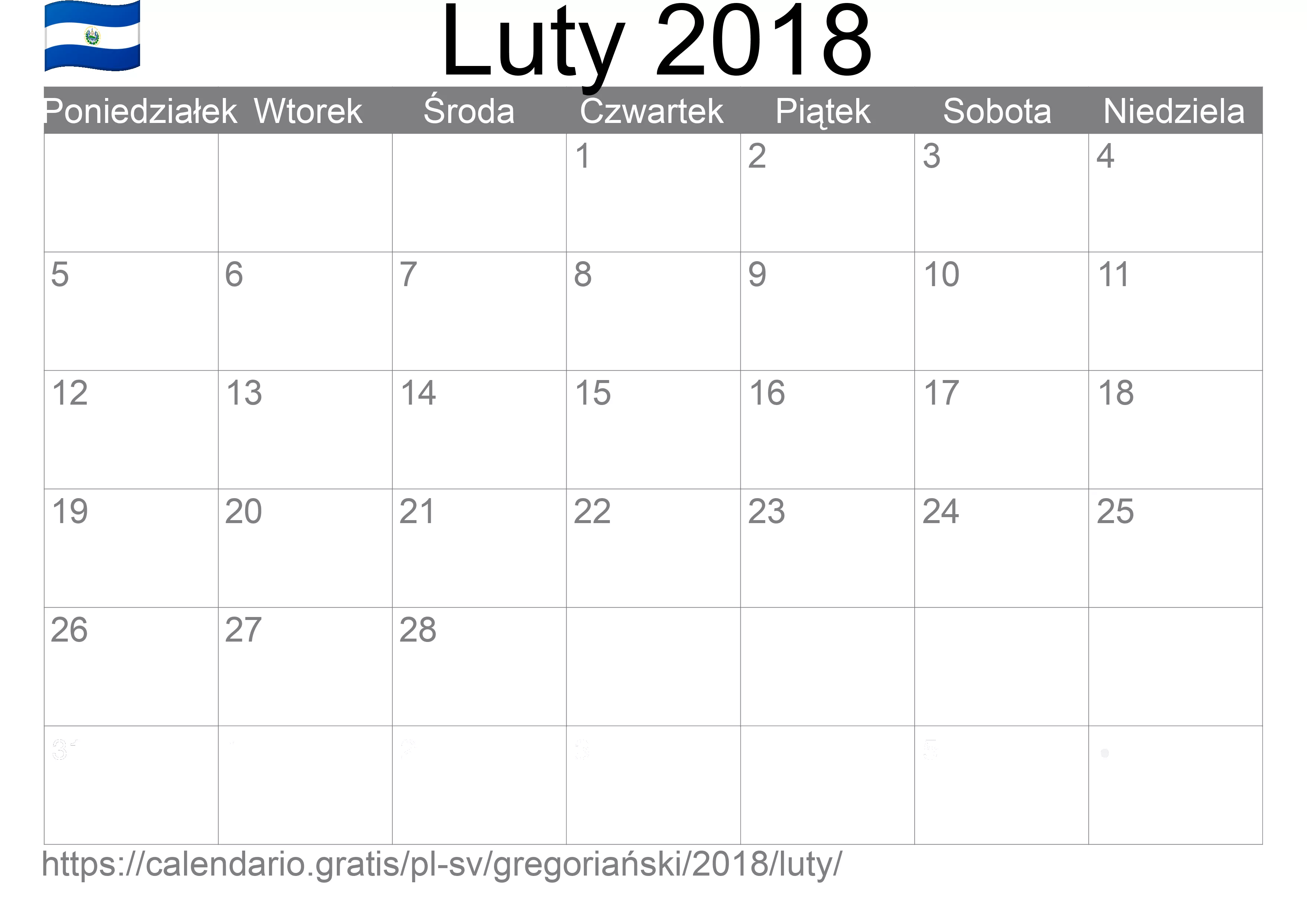 Kalendarz na Luty 2018 do druku (Salwador)