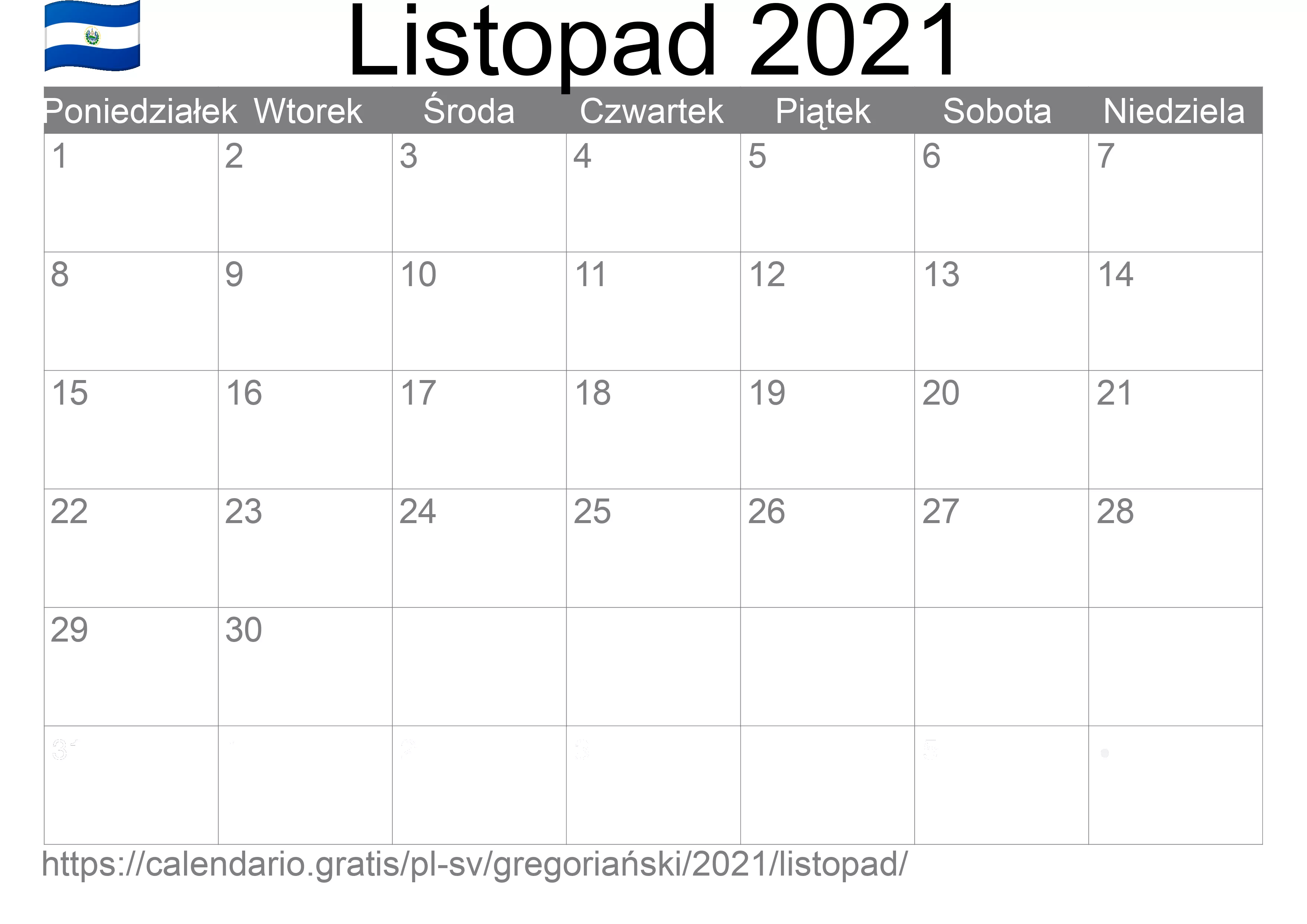 Kalendarz na Listopad 2021 do druku (Salwador)