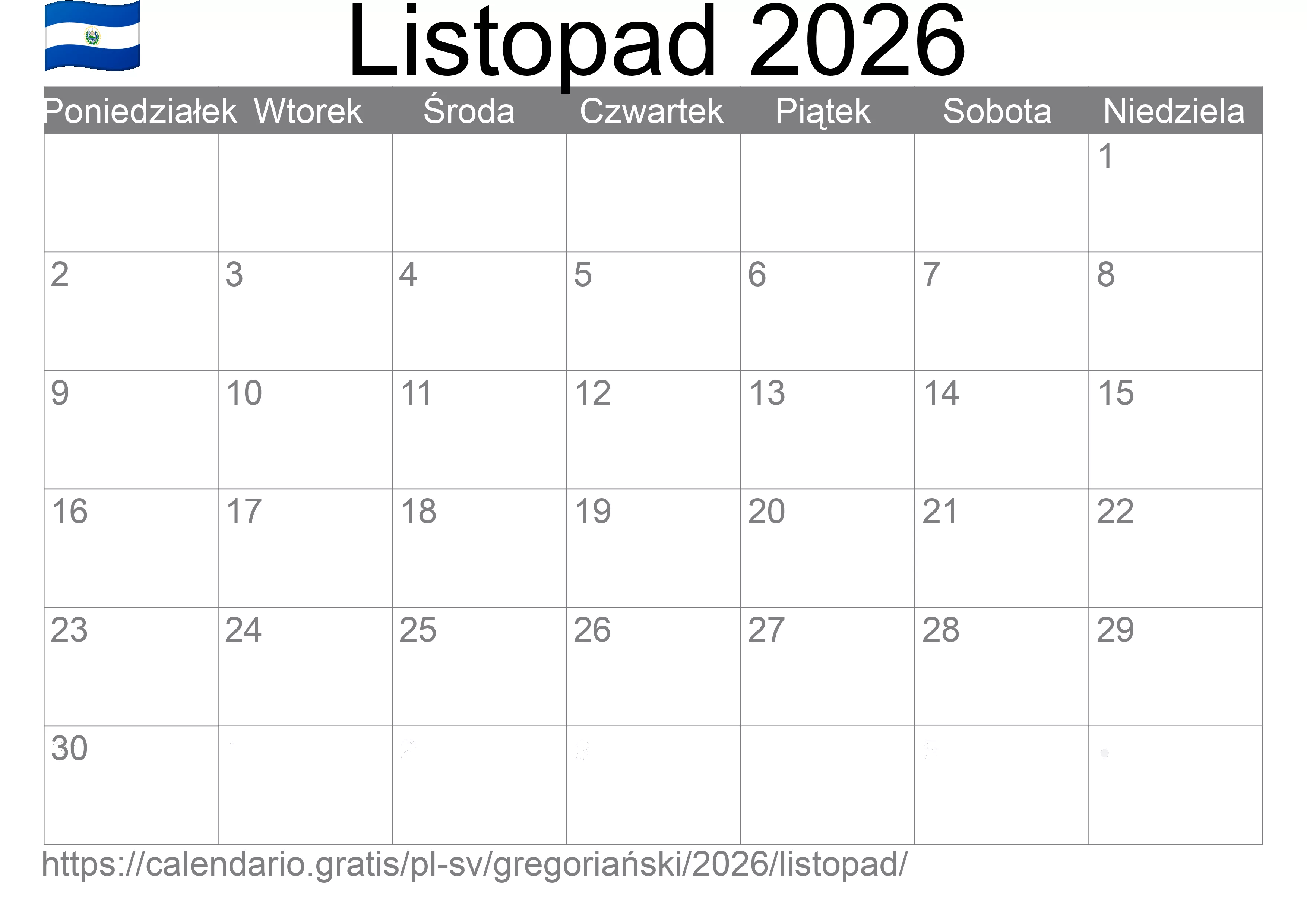 Kalendarz na Listopad 2026 do druku (Salwador)