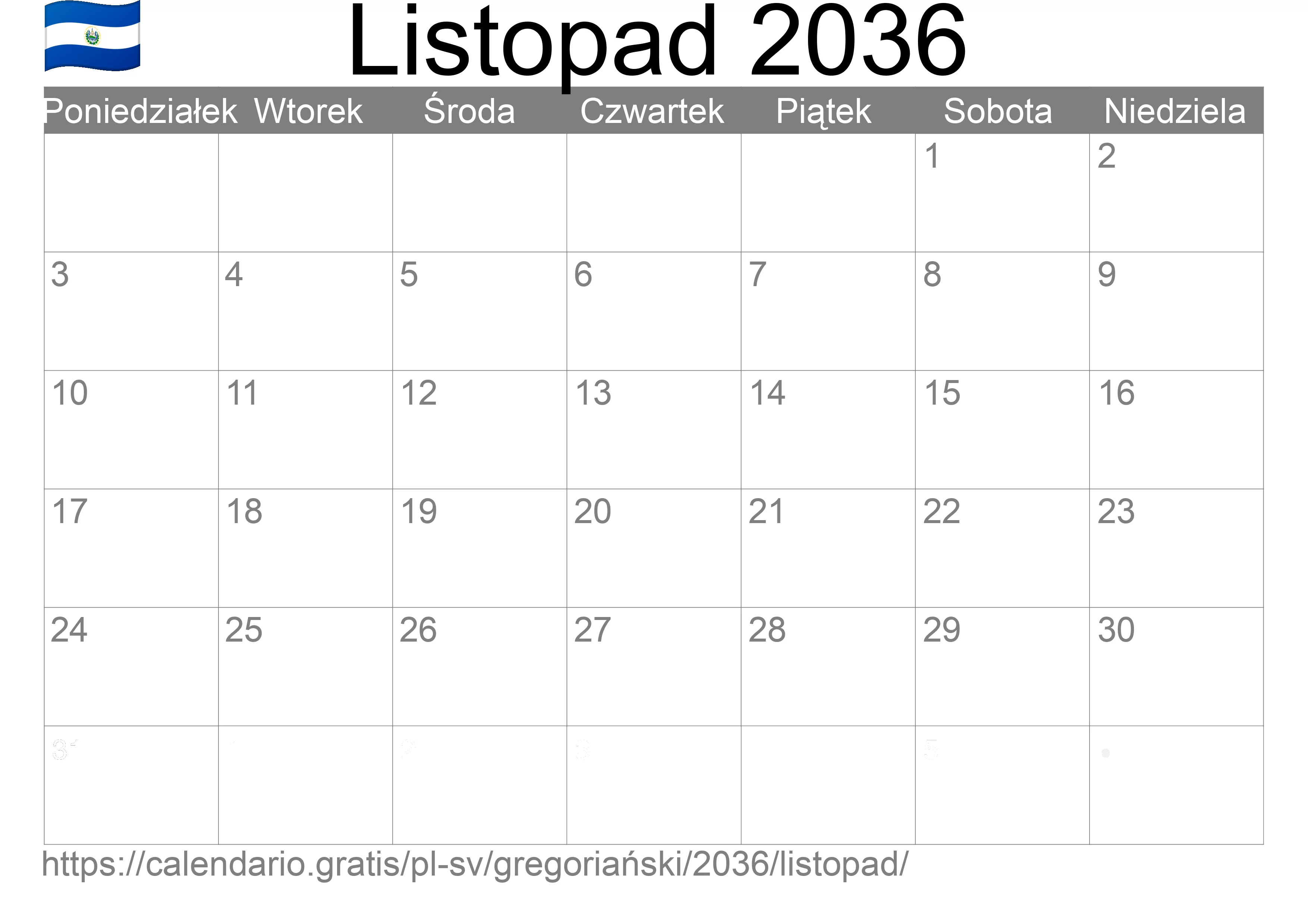 Kalendarz na Listopad 2036 do druku (Salwador)