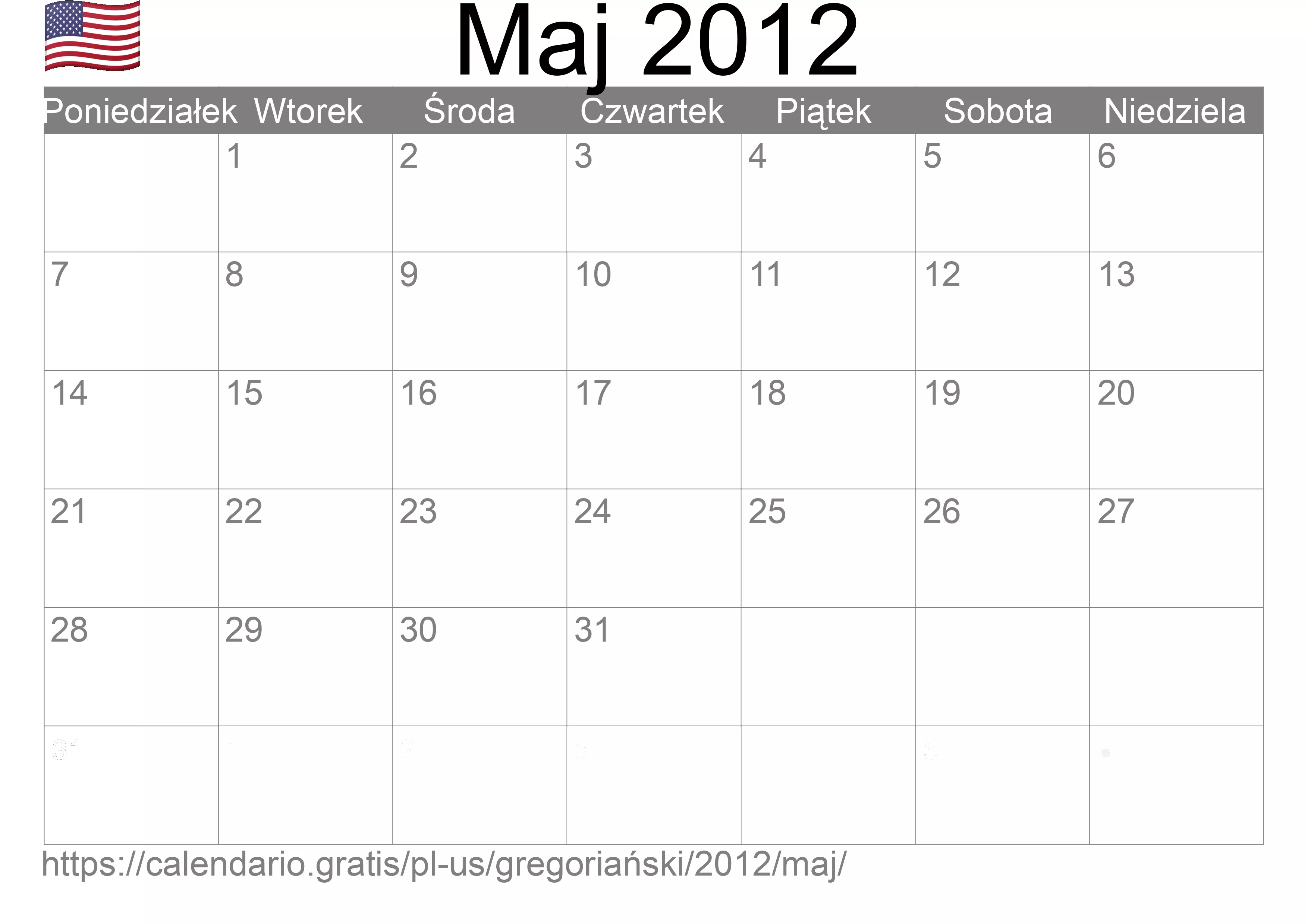 Kalendarz na Maj 2012 do druku (Stany Zjednoczone Ameryki) Kalendarz na Maj 2012 do druku (Stany Zjednoczone Ameryki)