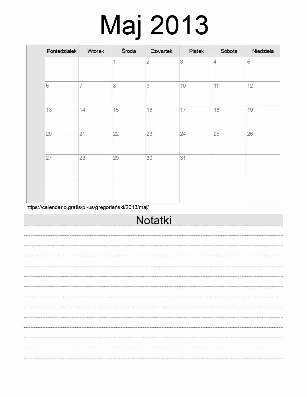 Kalendarz na Maj 2013 do druku z notatkami. (Stany Zjednoczone Ameryki) Kalendarz na Maj 2013 do druku z notatkami. (Stany Zjednoczone Ameryki)