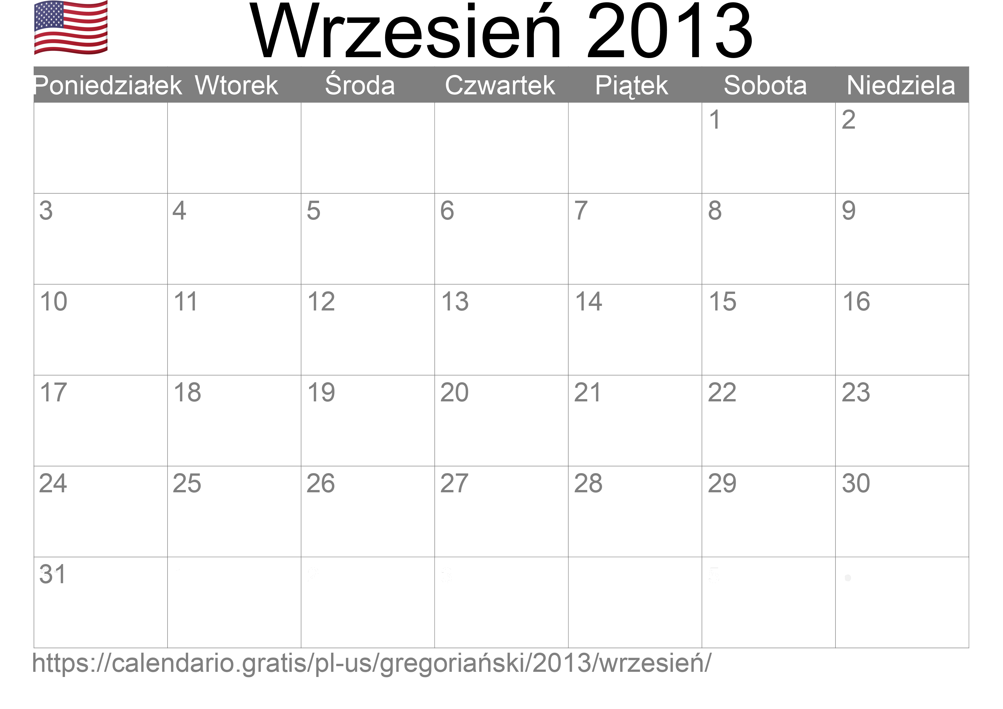 Kalendarz na Wrzesień 2013 do druku