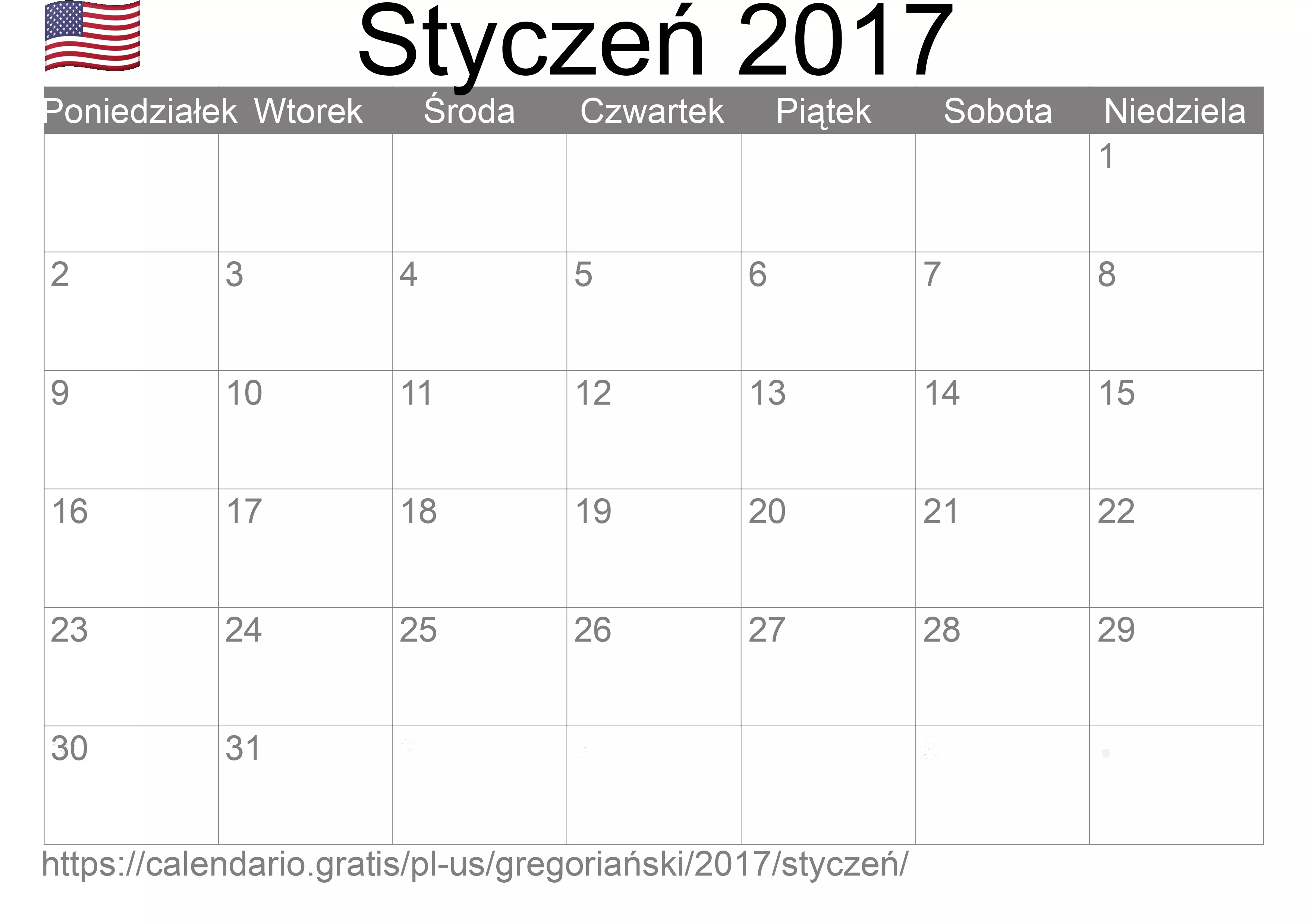 Kalendarz na Styczeń 2017 do druku (Stany Zjednoczone Ameryki) Kalendarz na Styczeń 2017 do druku (Stany Zjednoczone Ameryki)