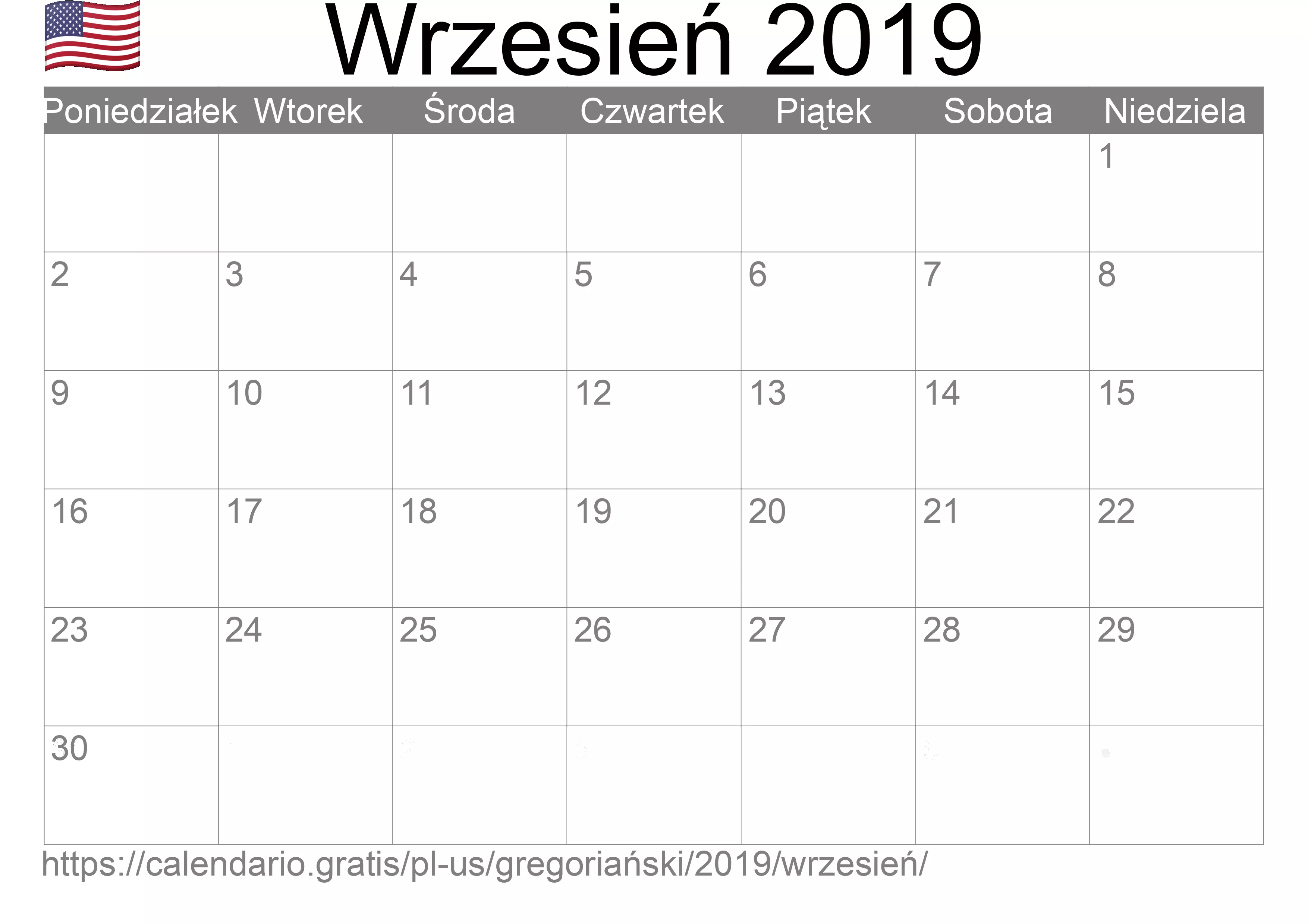 Kalendarz na Wrzesień 2019 do druku (Stany Zjednoczone Ameryki)