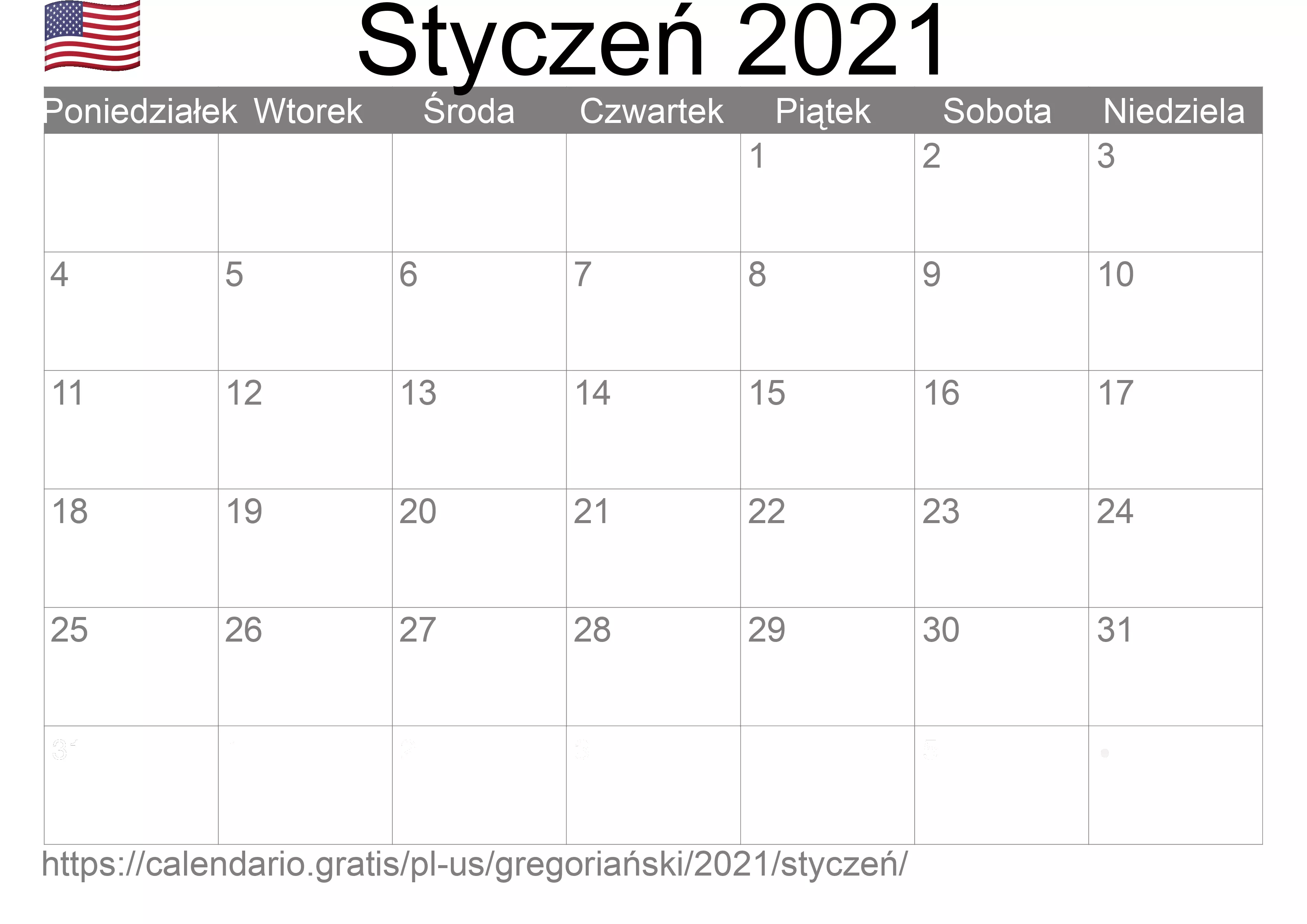 Kalendarz na Styczeń 2021 do druku (Stany Zjednoczone Ameryki) Kalendarz na Styczeń 2021 do druku (Stany Zjednoczone Ameryki)