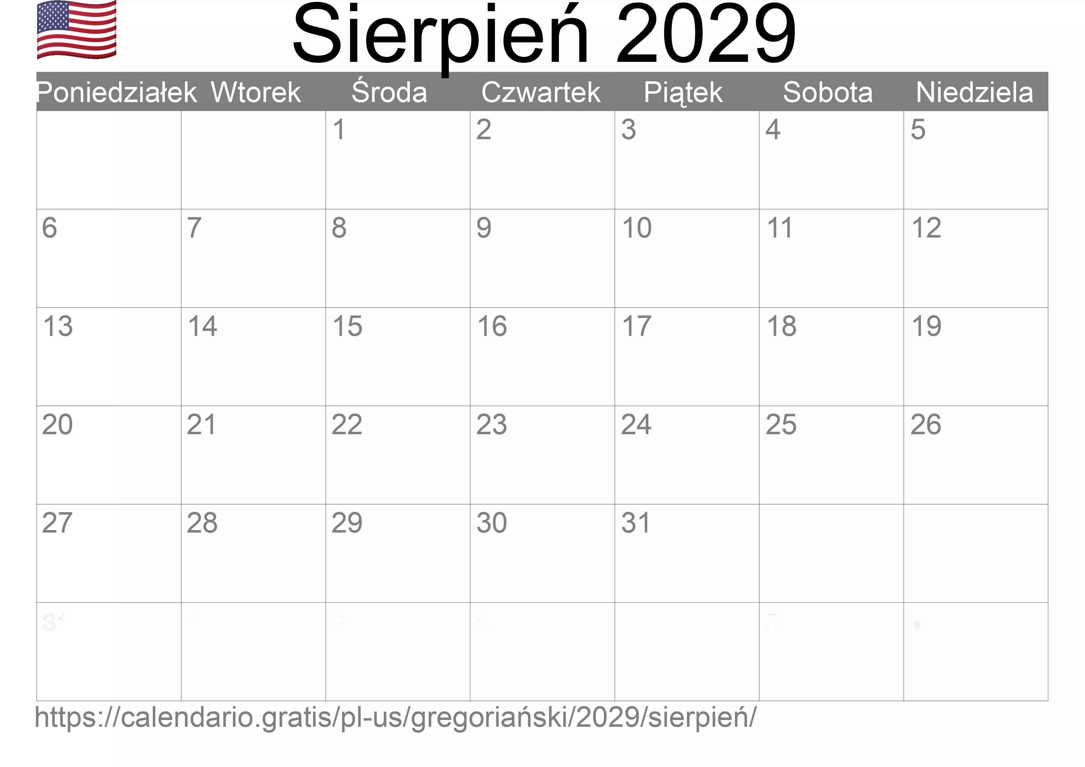 Kalendarz na Sierpień 2029 do druku (Stany Zjednoczone Ameryki) Kalendarz na Sierpień 2029 do druku (Stany Zjednoczone Ameryki)