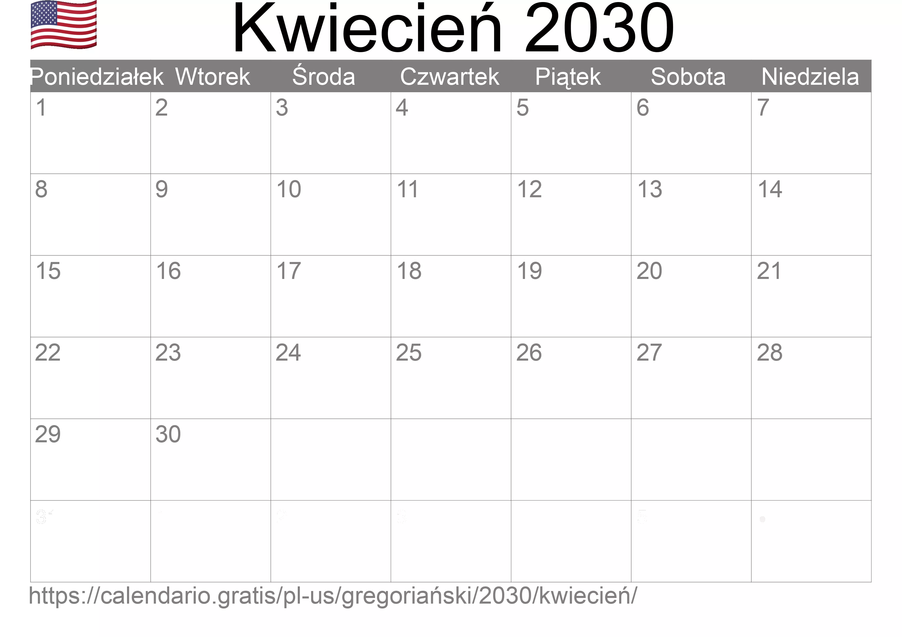 Kalendarz na Kwiecień 2030 do druku (Stany Zjednoczone Ameryki)