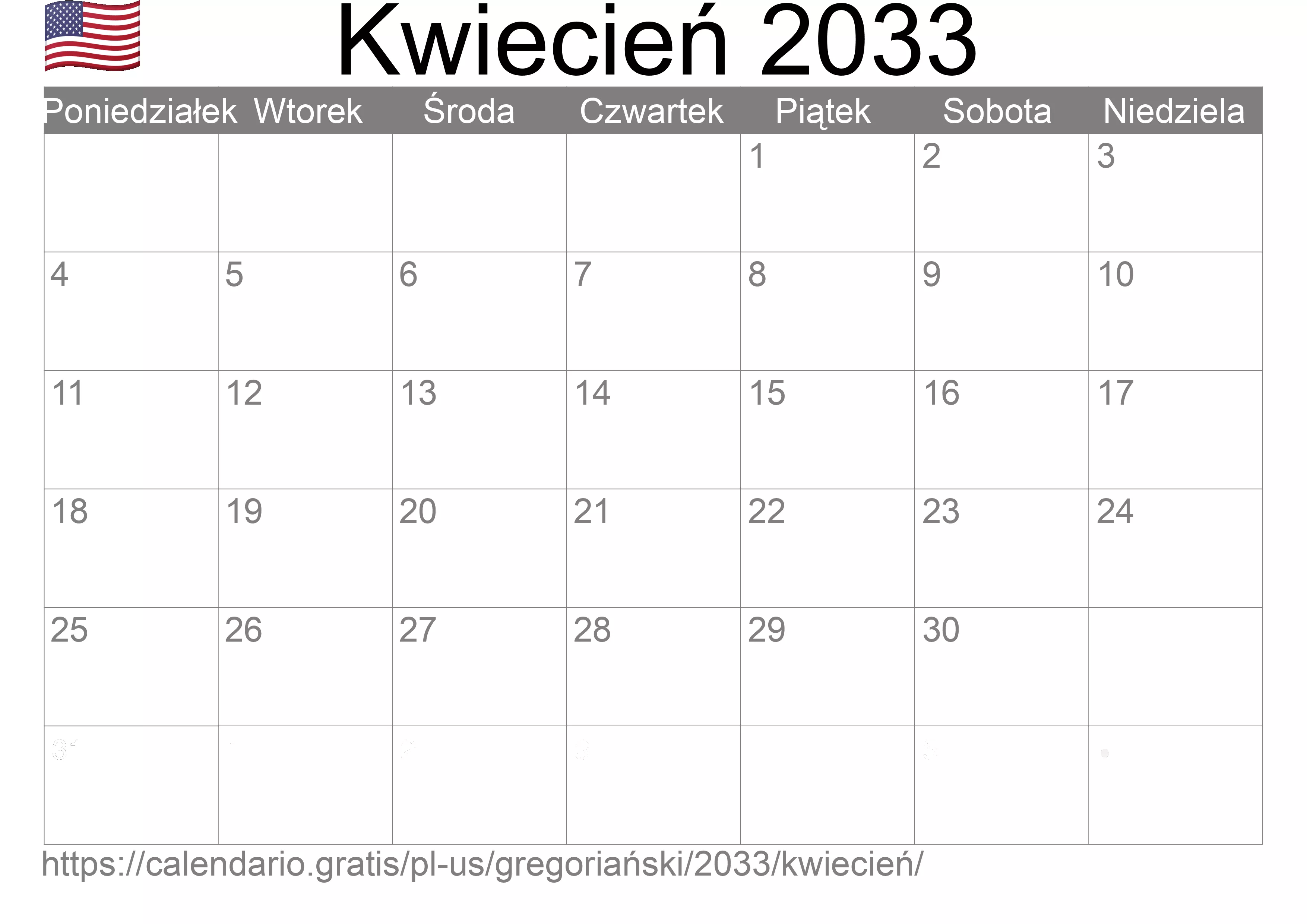 Kalendarz na Kwiecień 2033 do druku (Stany Zjednoczone Ameryki)