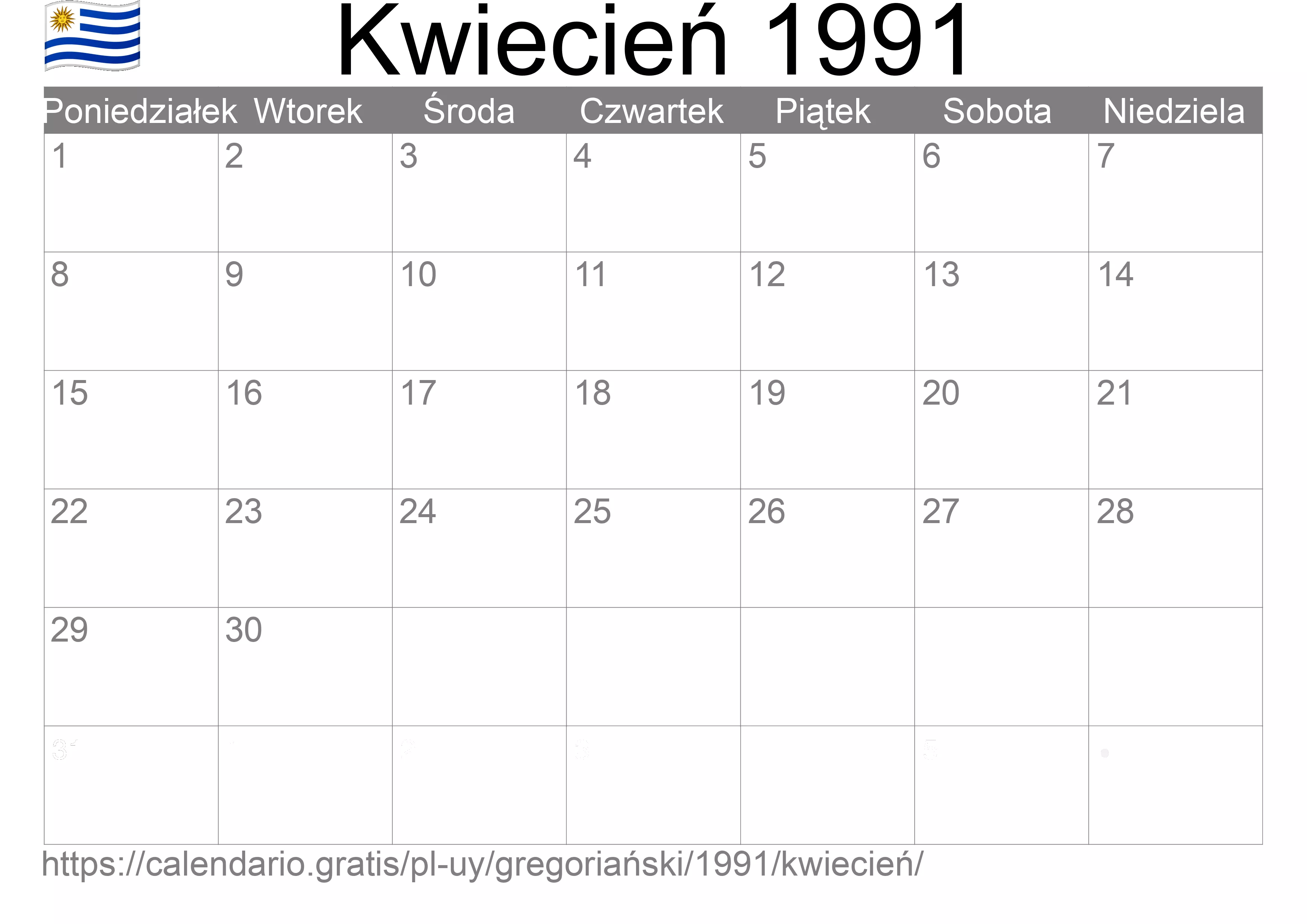 Kalendarz na Kwiecień 1991 do druku (Urugwaj)